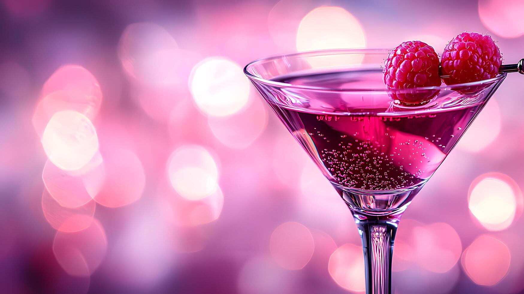 Sparkling Raspberry Martini Cocktail in a Martini Glass with Pink Bokeh Background. A close up image perfect for menus, websites, or advertising. photo