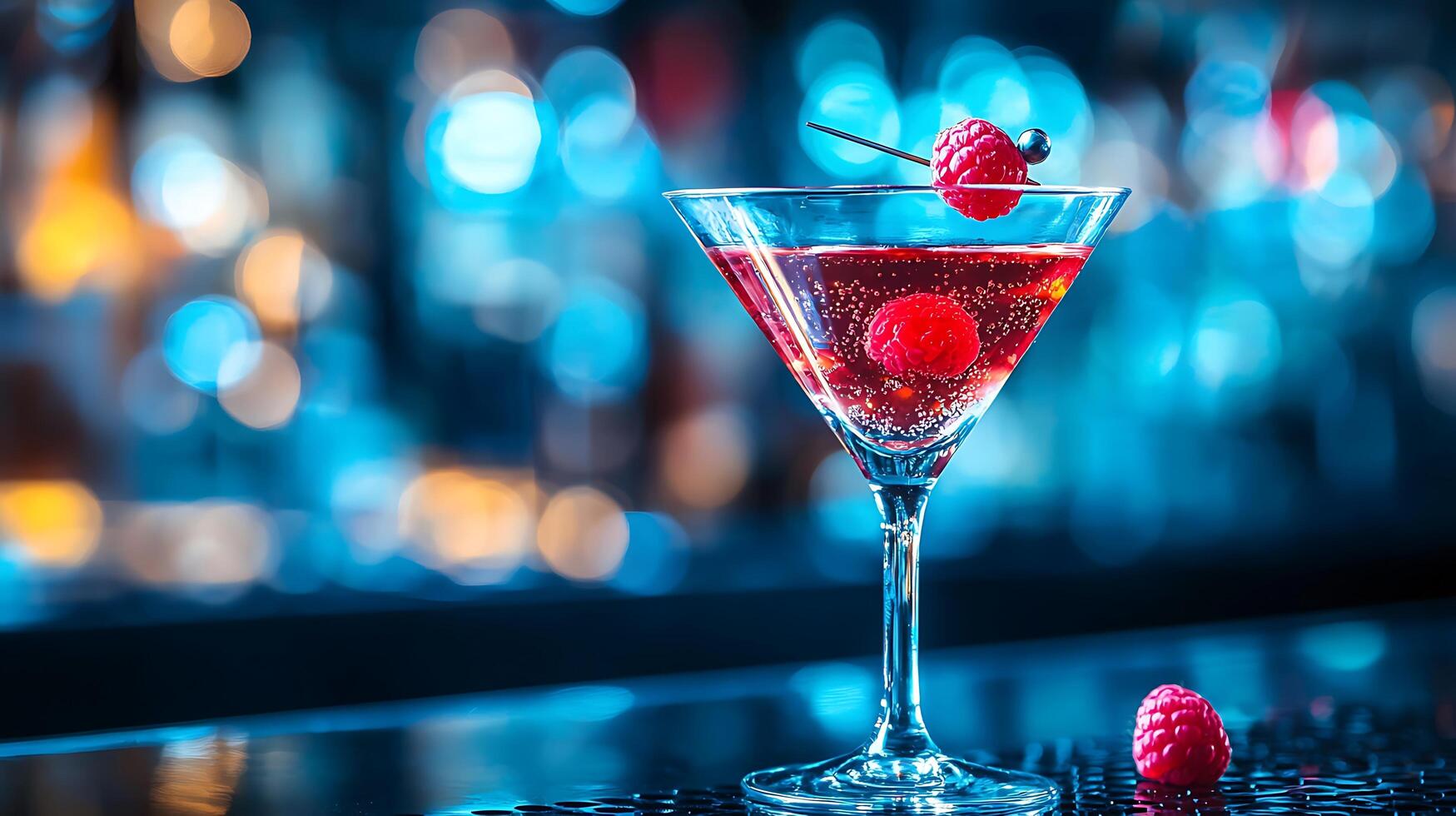 Raspberry Martini Cocktail at a Bar Close Up of Sparkling Drink with Fresh Berries. photo