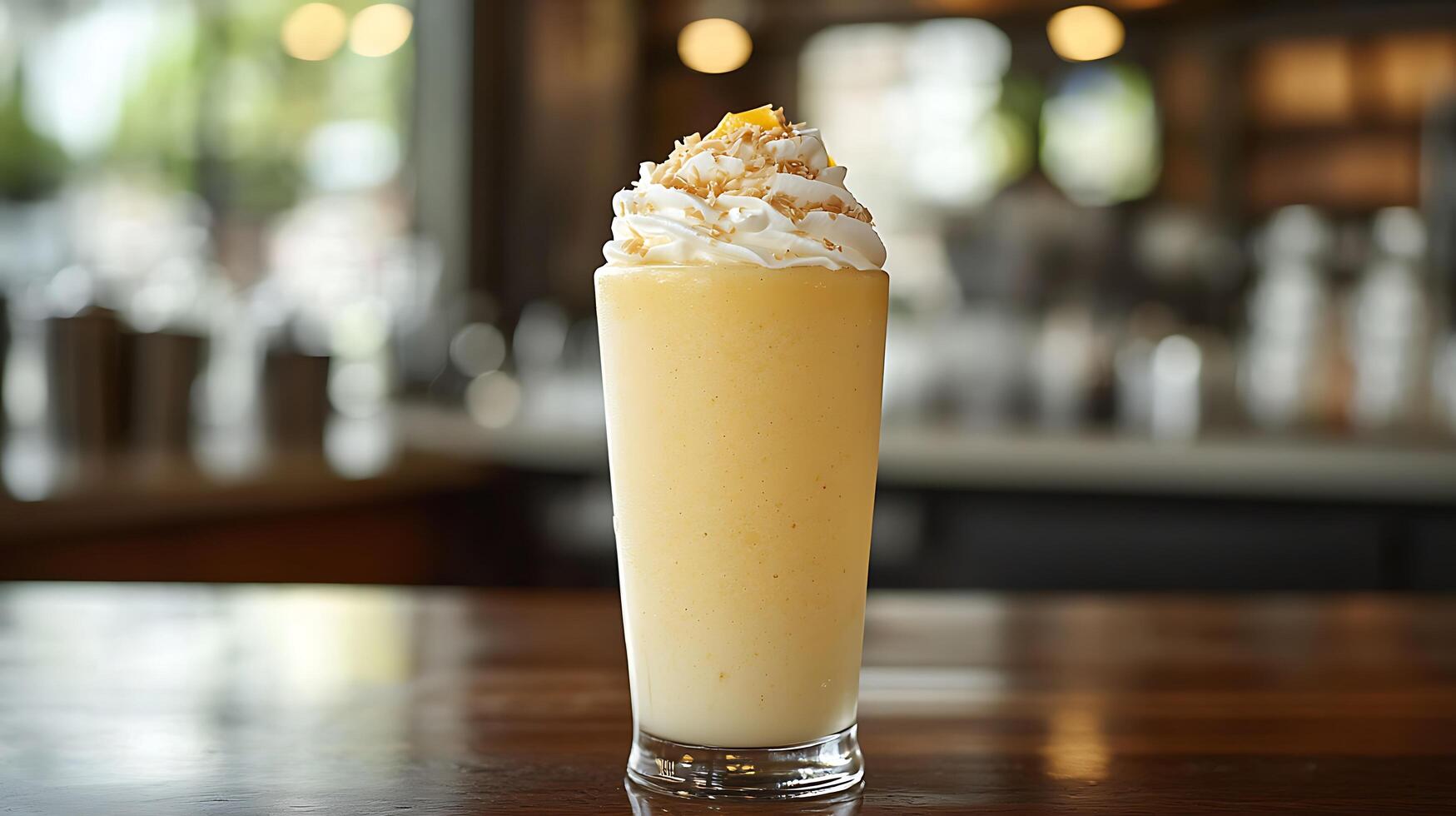 Creamy Mango Smoothie with Whipped Cream and Toasted Coconut in a Glass. photo