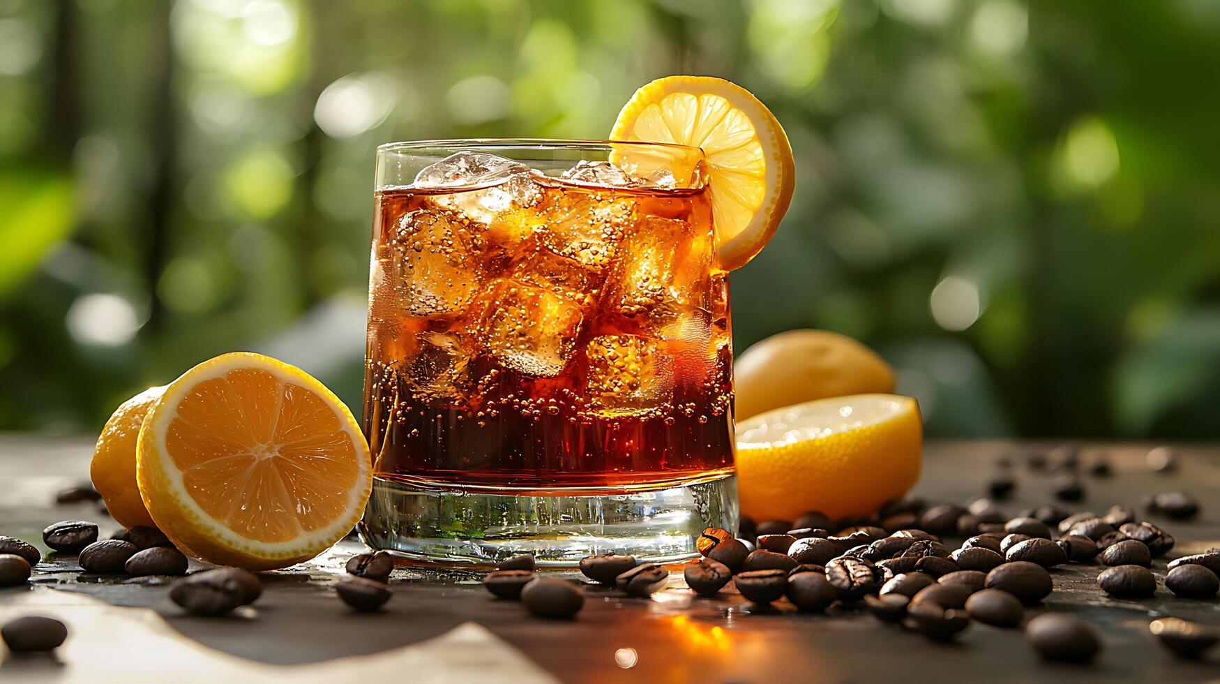Iced Coffee Cocktail with Lemon Garnish Refreshing Summer Drink Photography. photo