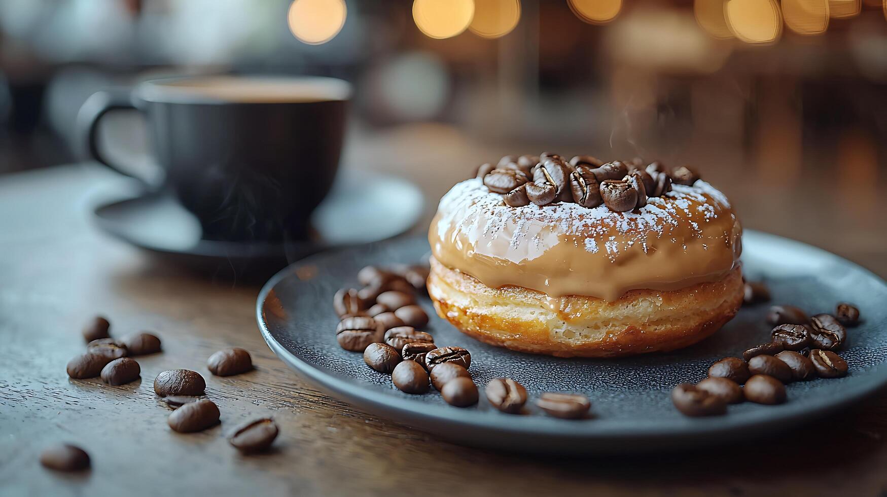 Delicious Coffee Glazed Donut with Coffee Beans and a Cup of Coffee in the Background. photo