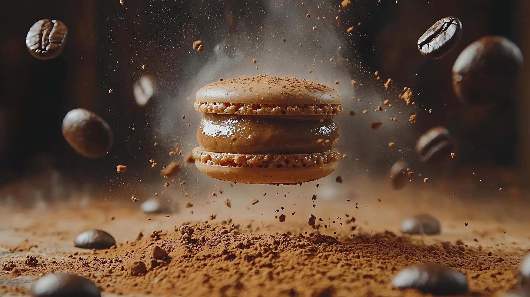 Coffee Macaron Suspended in Air with Cocoa Powder and Coffee Beans. A Delicious Pastry Image. photo