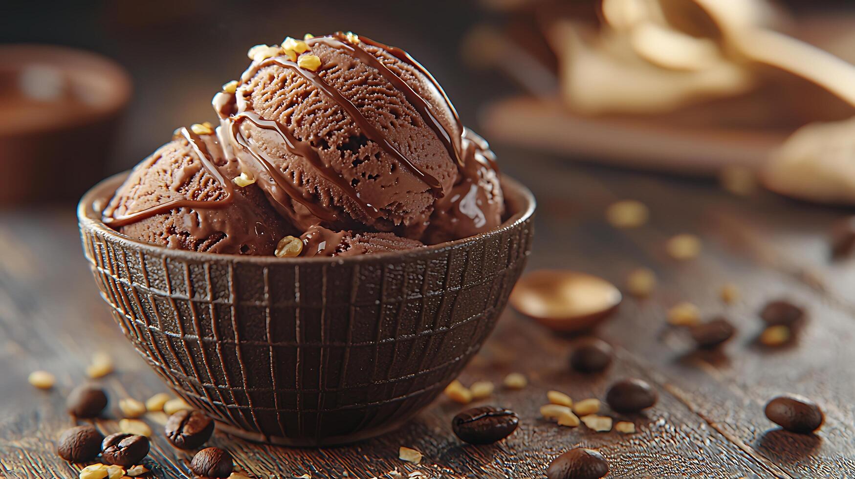 Delicious Chocolate Ice Cream Scoops with Nuts and Chocolate Sauce in a Brown Bowl. photo