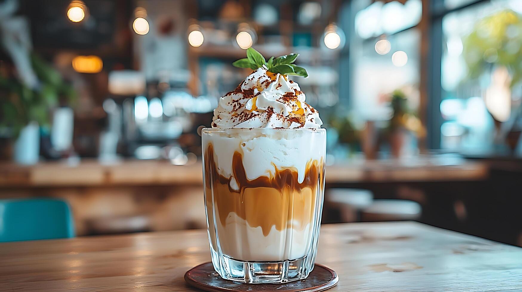 Iced Coffee with Whipped Cream and Caramel Drizzle in a Cafe Setting. A delicious looking beverage perfect for a summer's day. photo