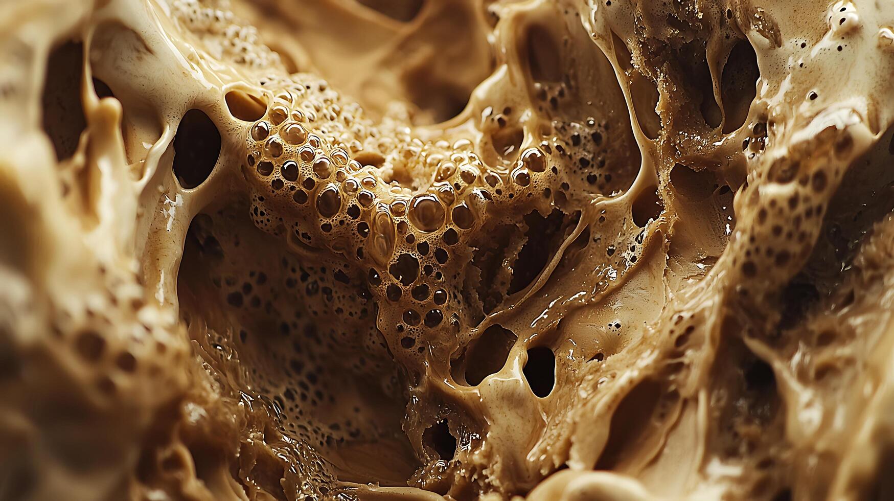 Close Up of Coffee Foam Texture Abstract Brown Swirls and Bubbles. photo
