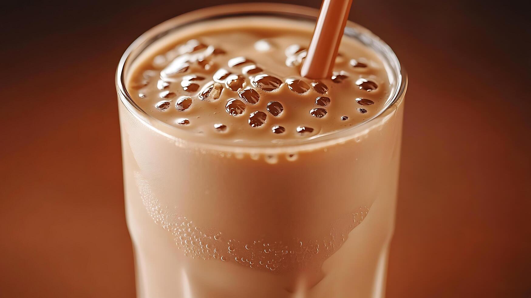 Close up of Iced Chocolate Drink with Straw. Refreshing summer beverage in a glass. photo