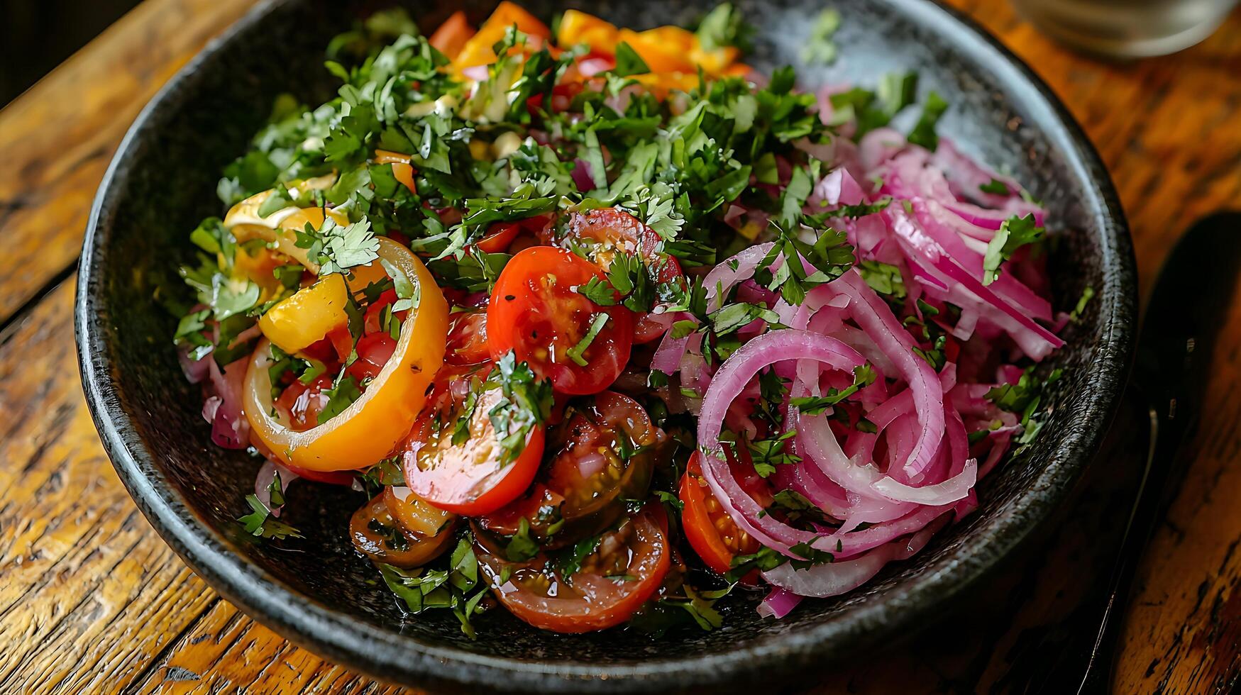 Fresh Tomato and Red Onion Salad with Cilantro in a Dark Bowl. photo