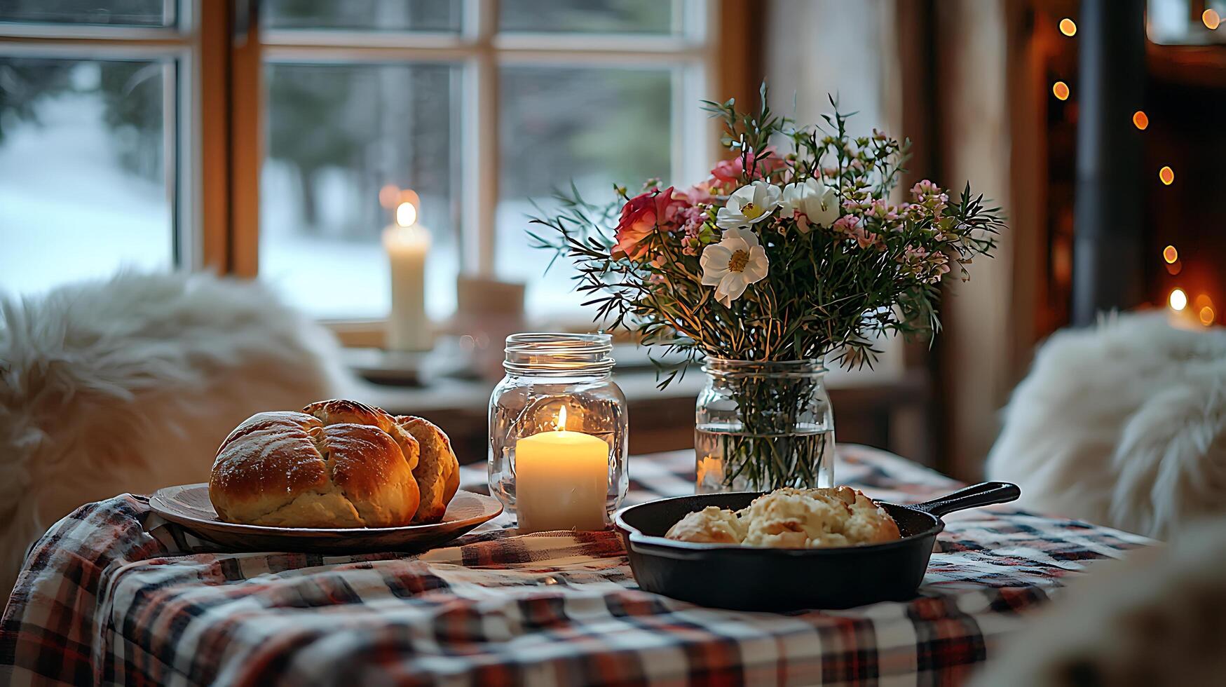 Cozy Cabin Scene A Warm and Inviting Winter Table Setting. photo