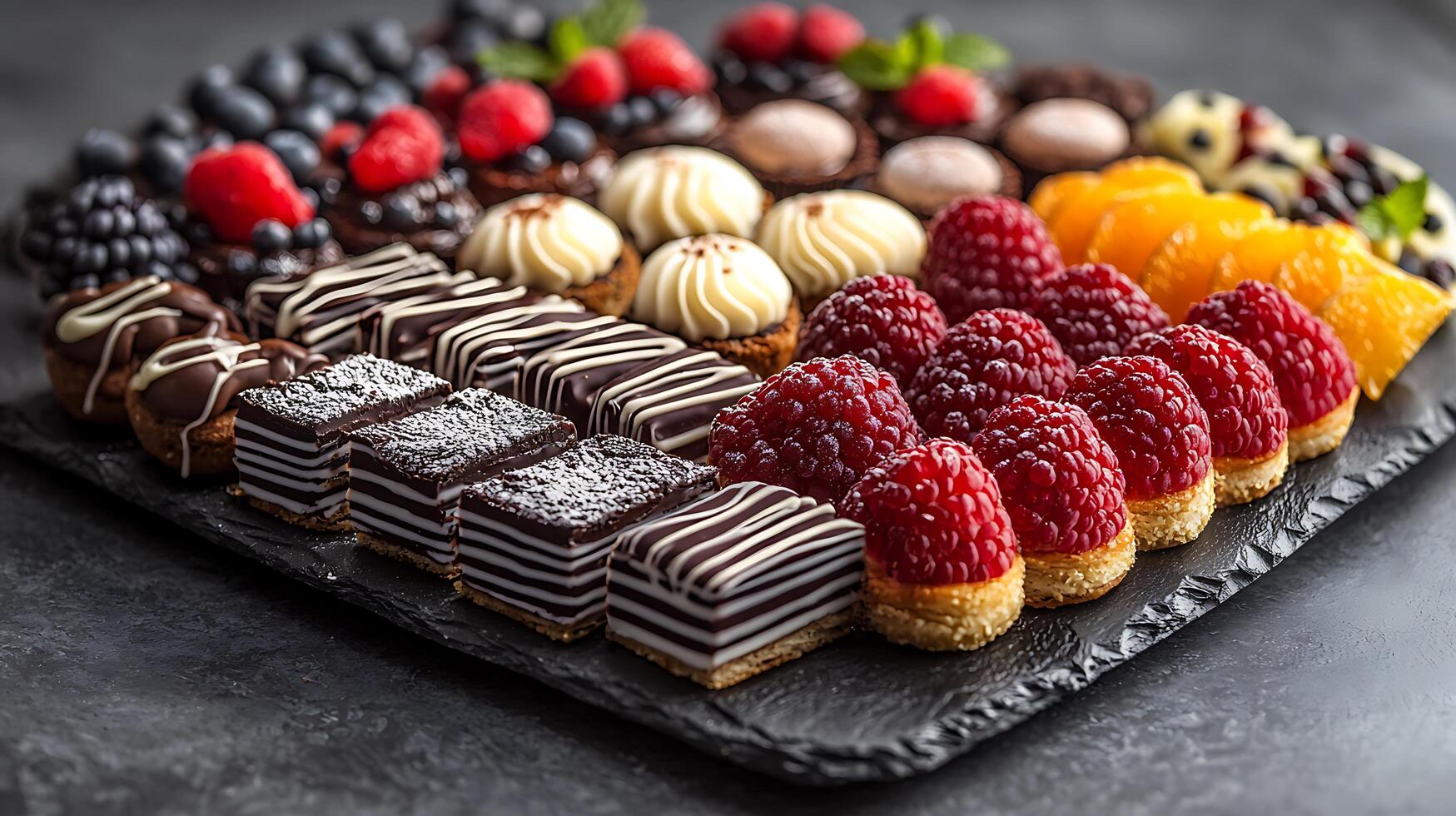 Delicious Assortment of Mini Desserts on a Slate Platter. A close up view of gourmet pastries, chocolate treats, and fresh berries. photo