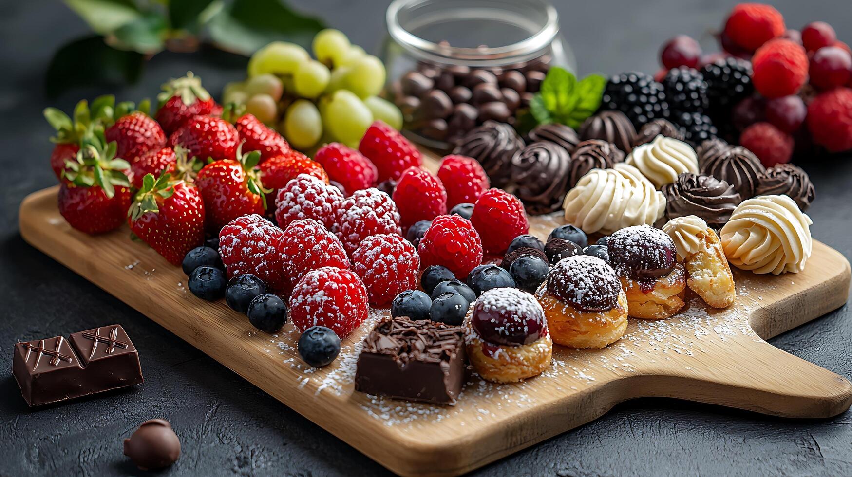 Delicious Dessert Platter with Fresh Berries, Chocolate, and Pastries. A close up image of an assortment of sweet treats arranged on a wooden board. photo