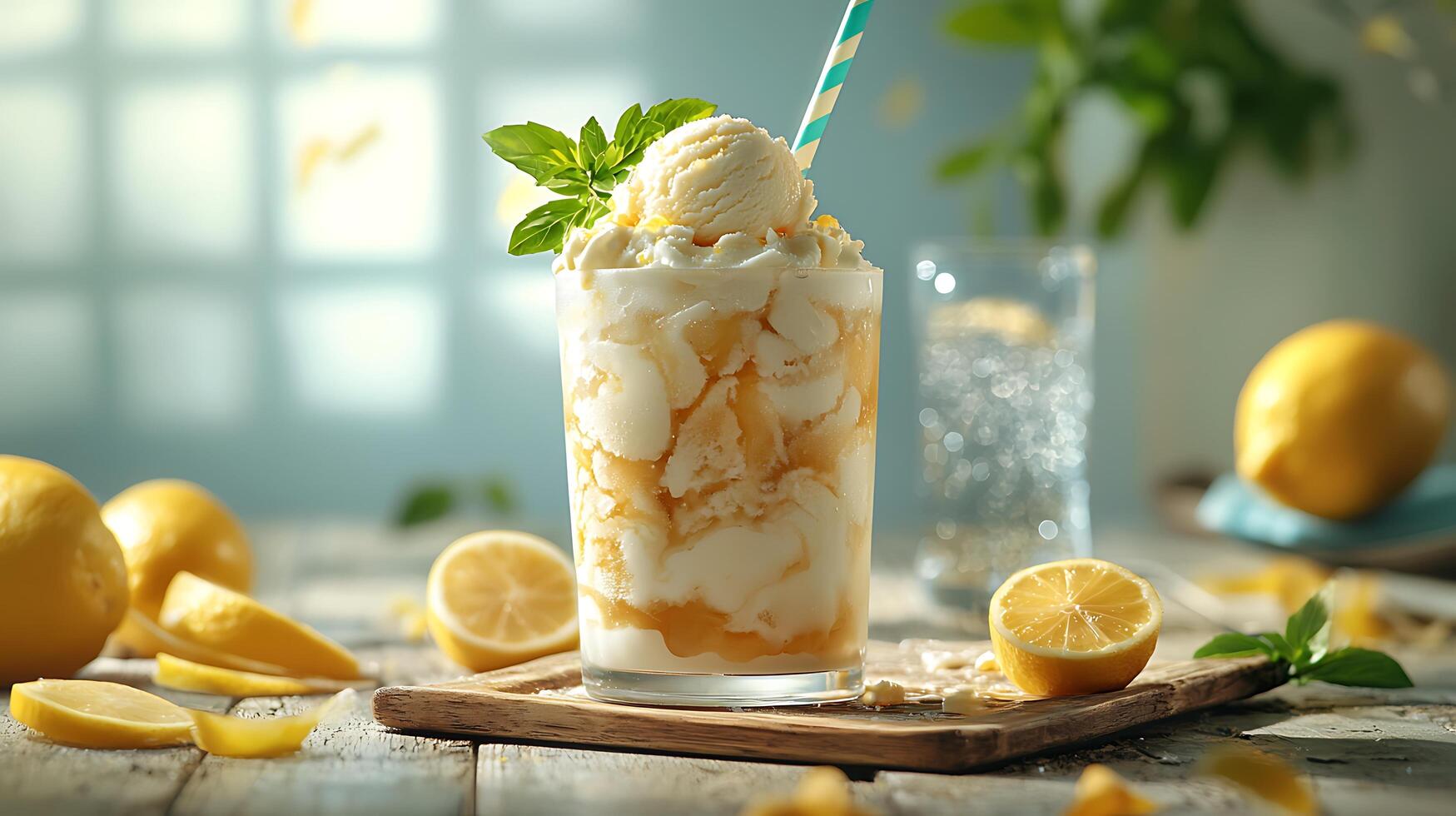 Refreshing Lemon Ice Cream Float Close Up of Summer Dessert Drink. photo