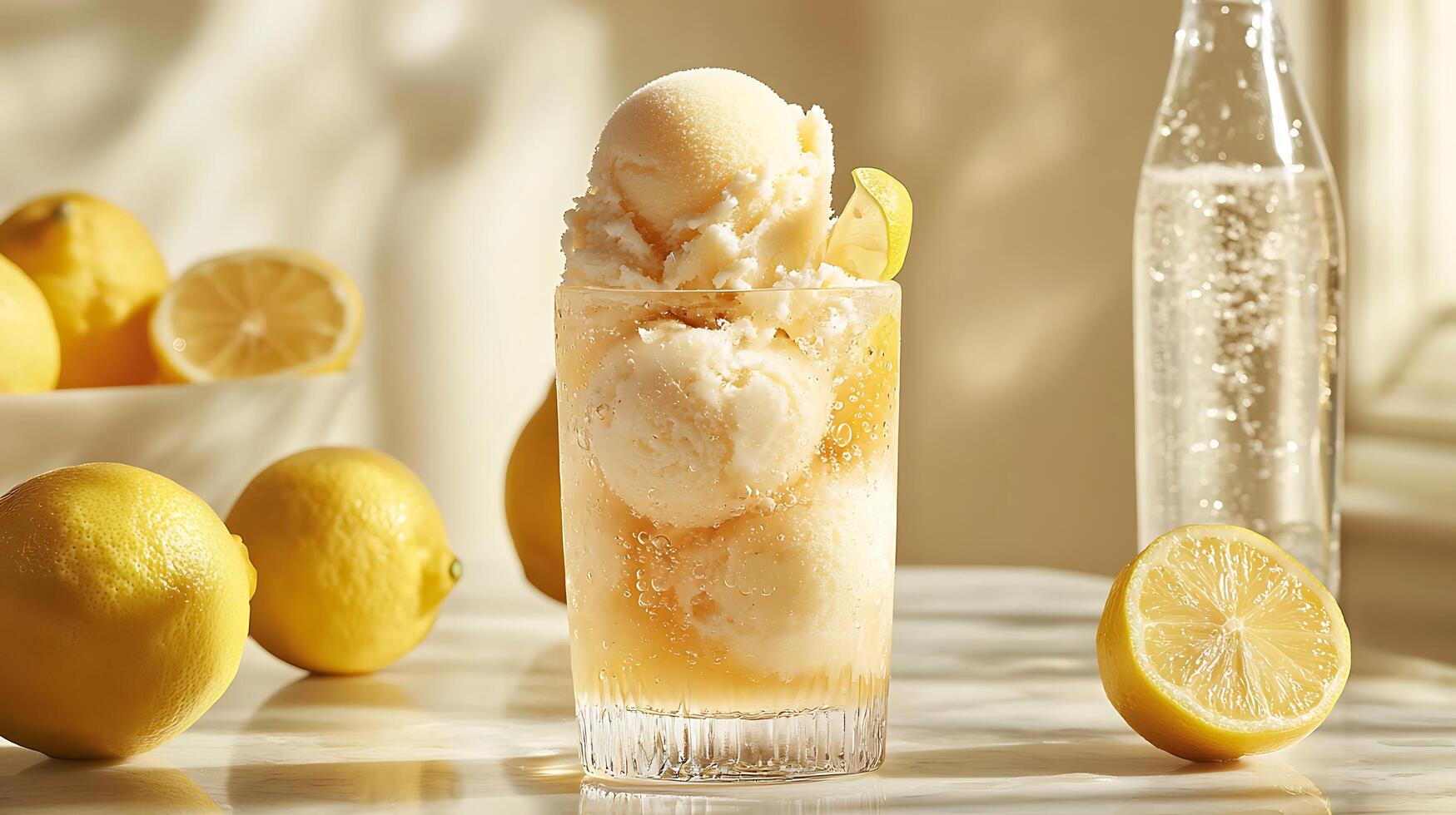 Refreshing Lemon Sorbet with Sparkling Water in a Glass. A close up image of a summery dessert drink. photo
