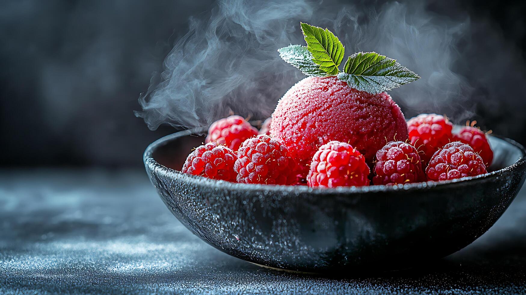 Steaming Bowl of Raspberry Sorbet with Fresh Raspberries. A close up image of a delicious dessert. photo