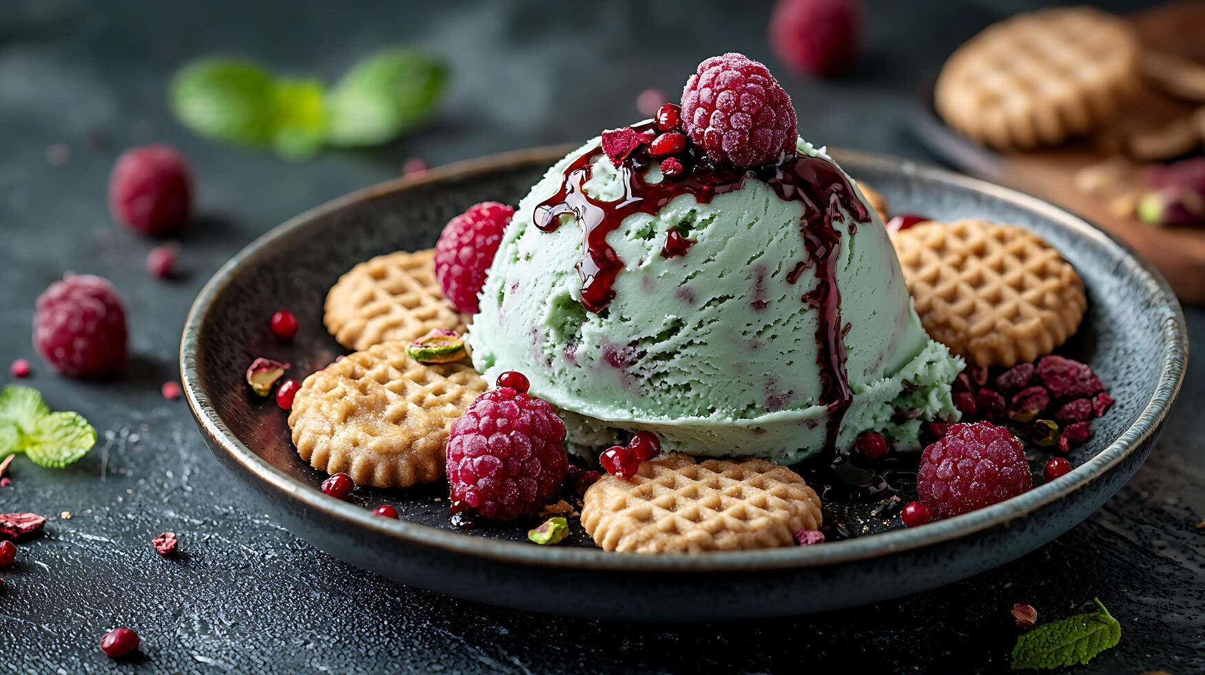 Close up of Mint Ice Cream with Raspberries and Cookies. A delectable dessert image perfect for food blogs and culinary websites. photo
