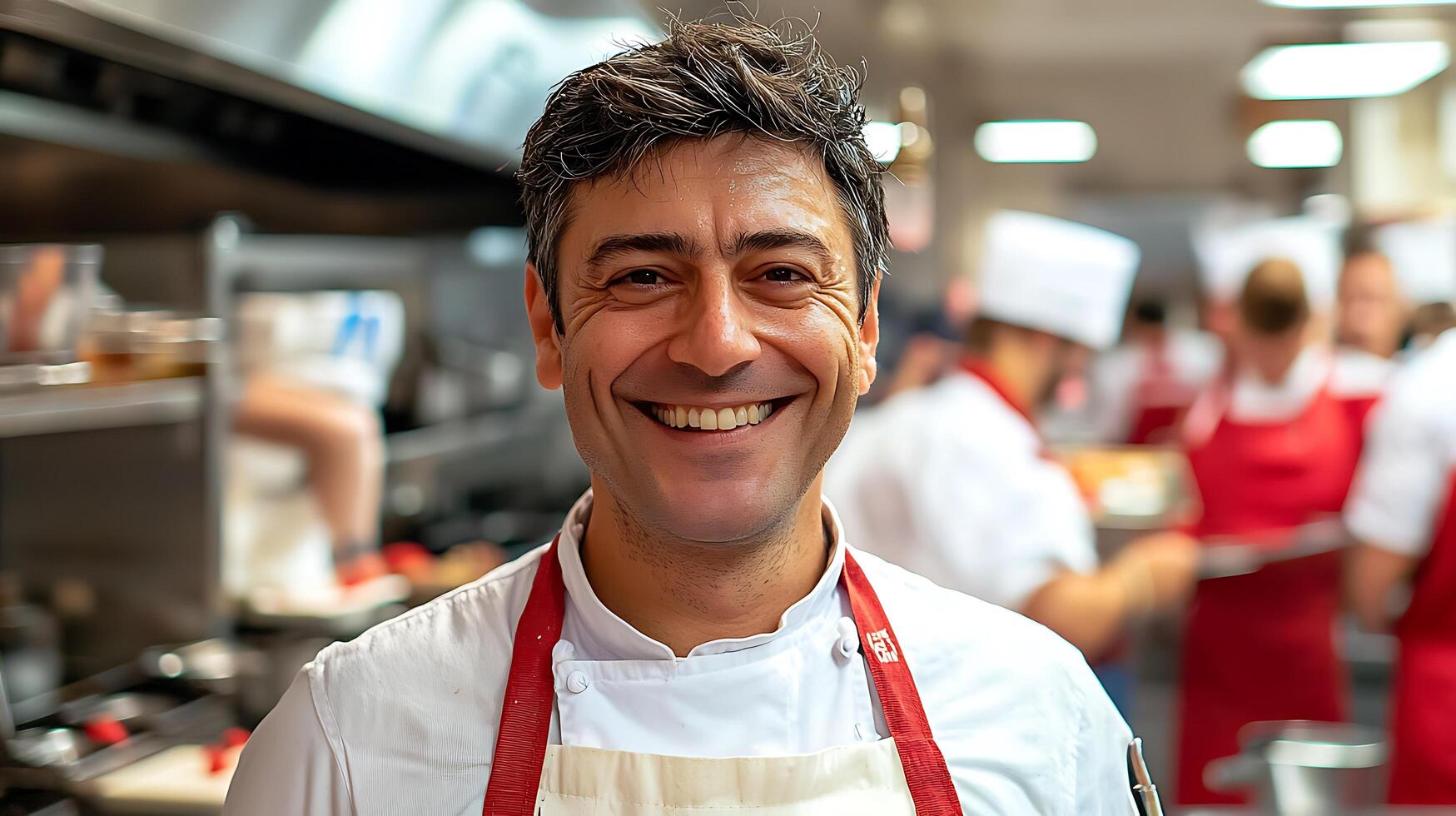 Portrait of a Smiling Male Chef in a Busy Restaurant Kitchen. His happy expression conveys professionalism and passion for culinary arts. photo