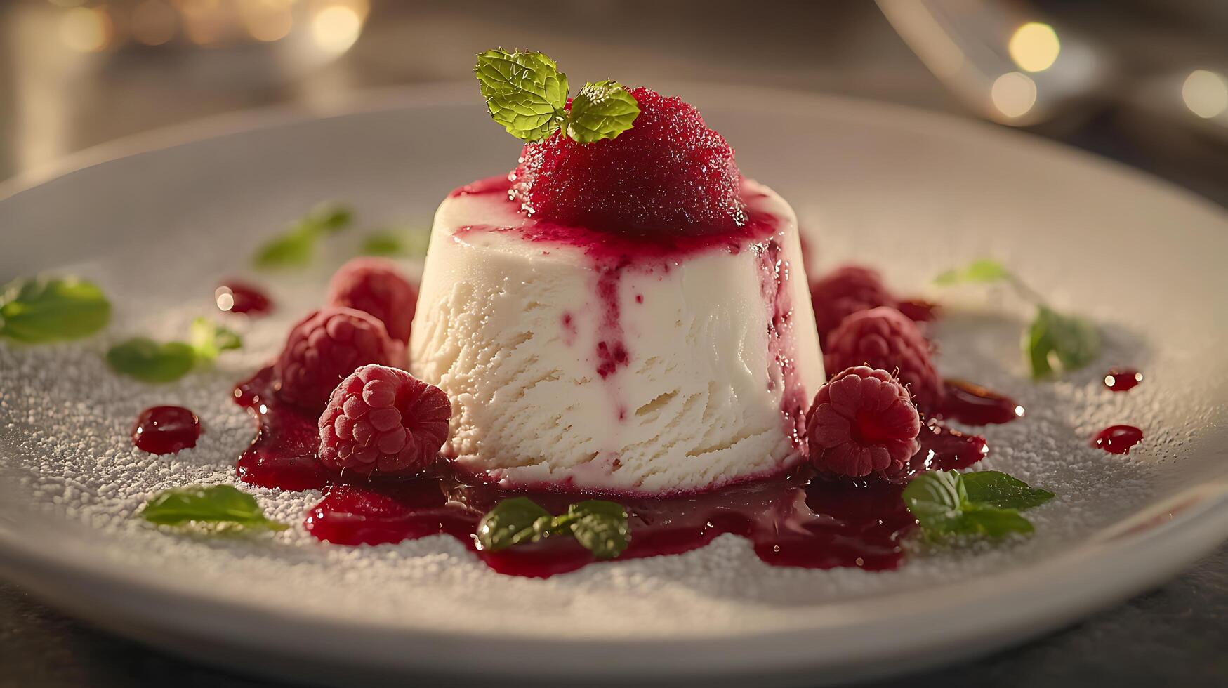 Creamy Vanilla Dessert with Raspberry Coulis and Fresh Mint. A close up photo of an elegant and delicious dessert.