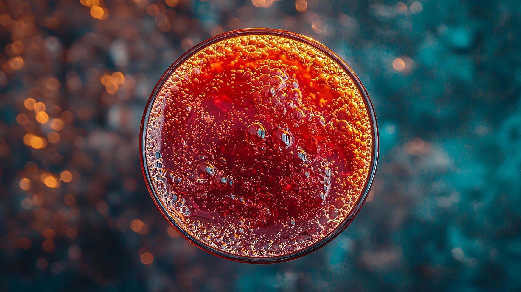 Close up of a Glass Filled with Sparkling Red Liquid Against a Bokeh Background. photo