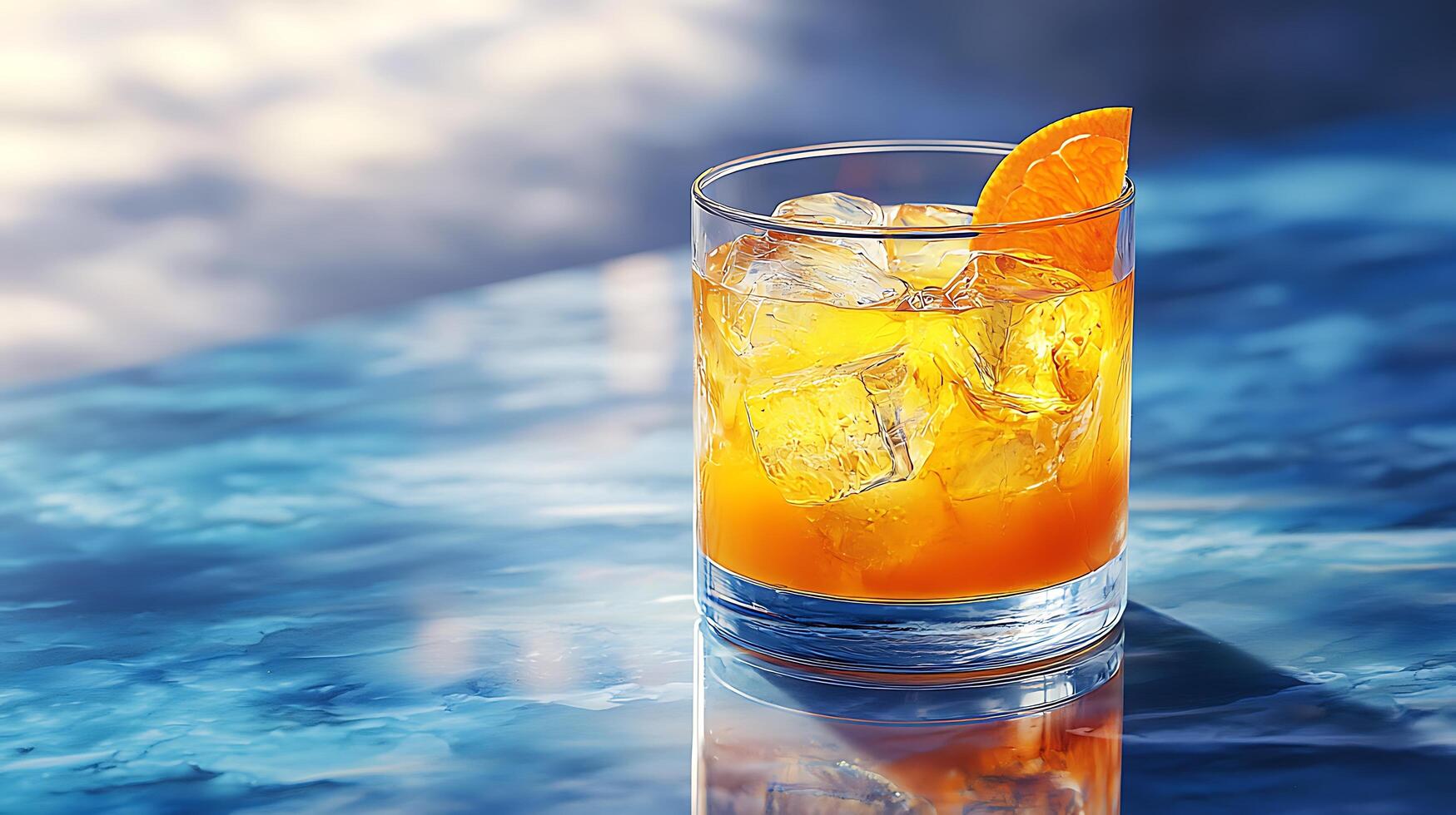 Refreshing Orange Cocktail in Rocks Glass with Ice Cubes, Close Up. A vibrant image perfect for beverage advertisements and websites. photo