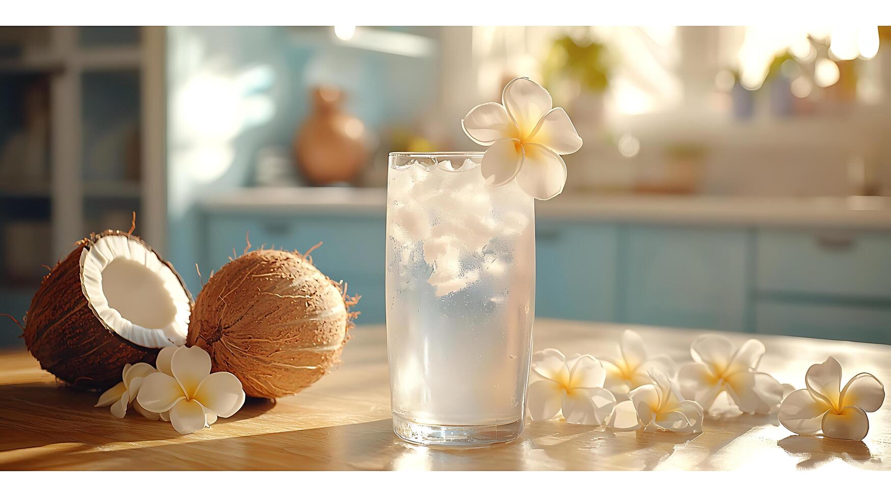 Refreshing Coconut Water Drink with Plumeria Flowers in a Sunny Kitchen. photo