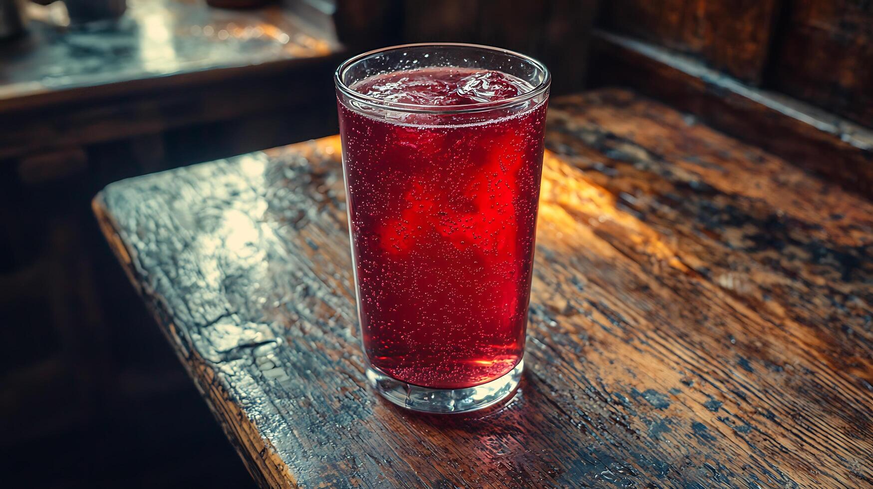 Refreshing Red Drink in a Glass on Rustic Wooden Table. A close up image of a vibrant red beverage with ice, perfect for summer or a relaxing evening. photo