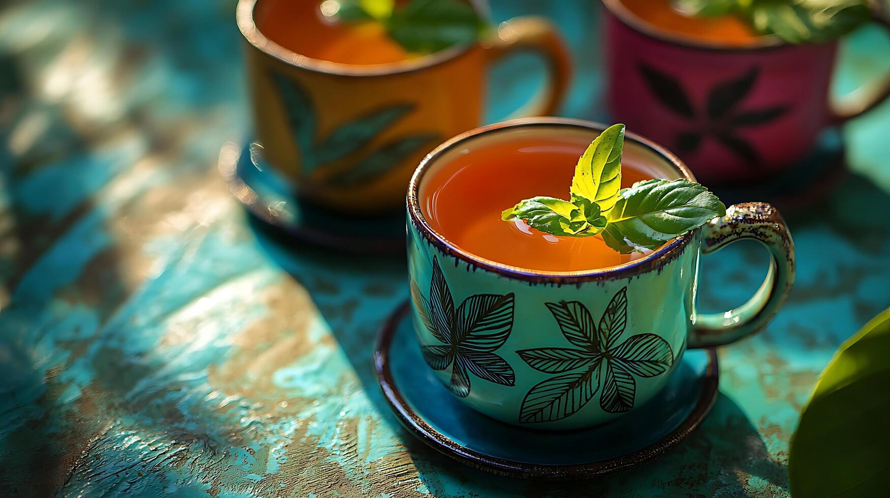 Close Up of Three Cups of Herbal Tea with Fresh Mint Leaves on a Rustic Table. photo