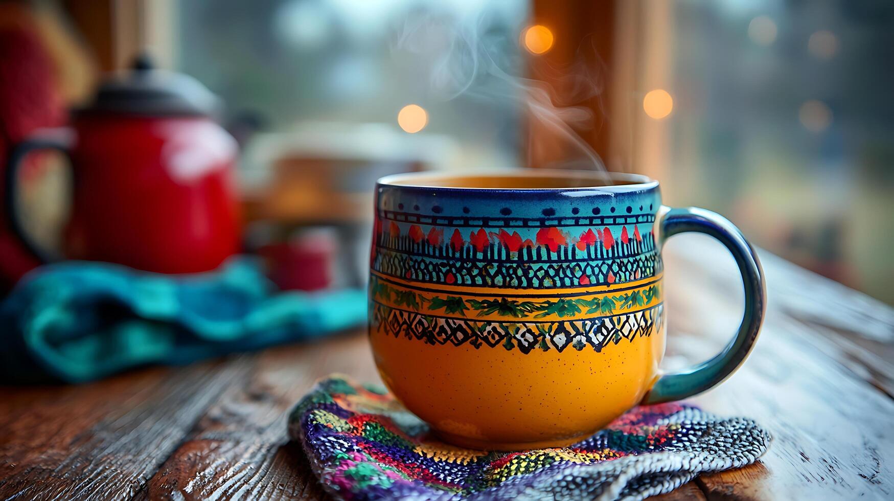 Warm Drink in a Hand-Painted Mug on a Cozy Wooden Table. A close up image of steaming hot beverage in a colorful ceramic mug, perfect for autumn or winter themes. photo