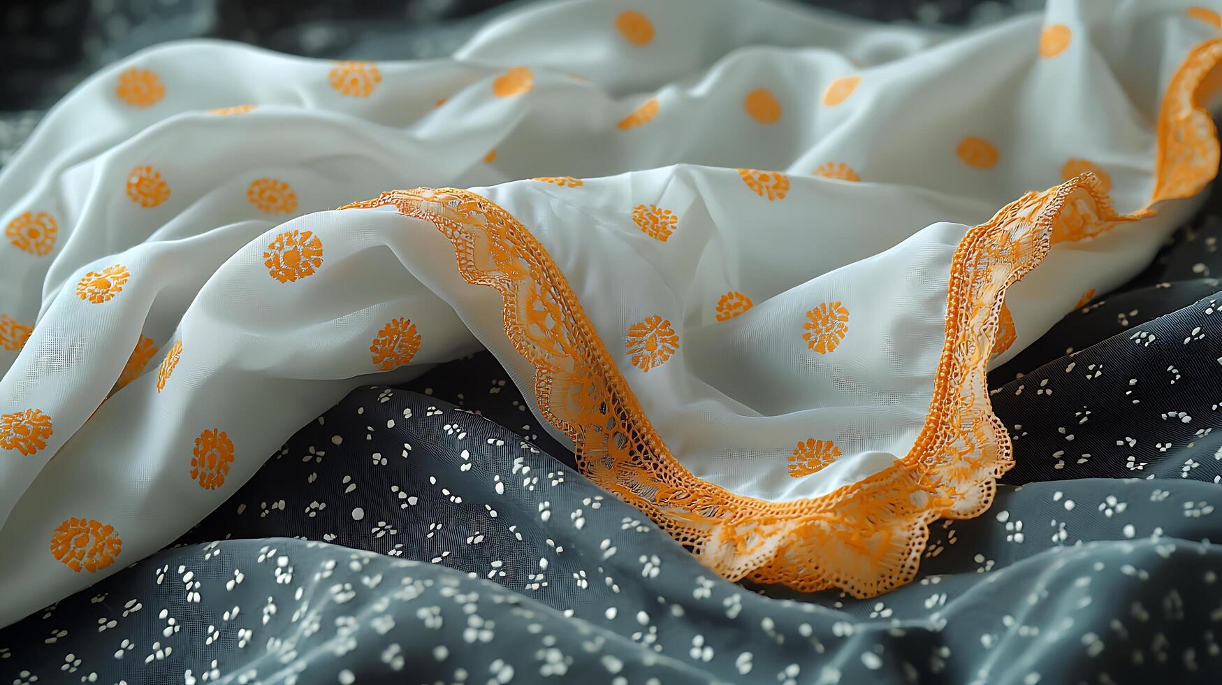Elegant White Fabric with Orange Lace Detail and Floral Pattern. Close up of textured textile material. photo
