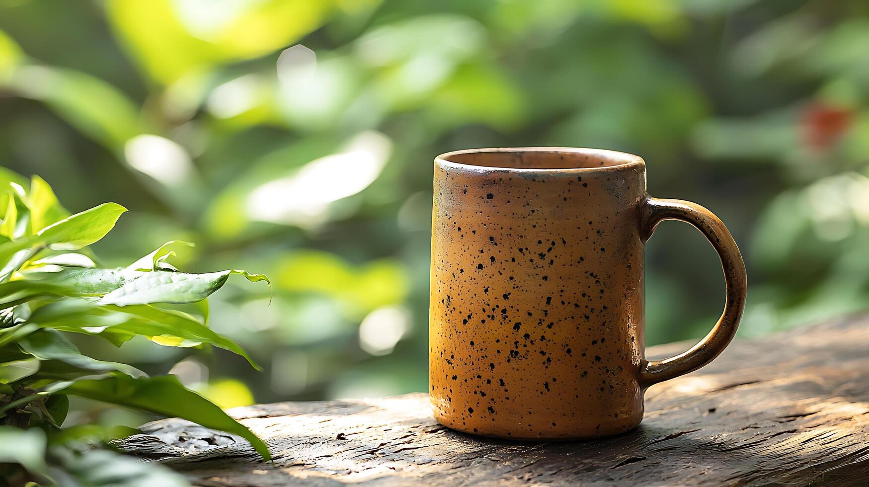 Rustic Ceramic Mug on Wooden Surface with Lush Green Background. A tranquil scene perfect for relaxation and beverage imagery. photo