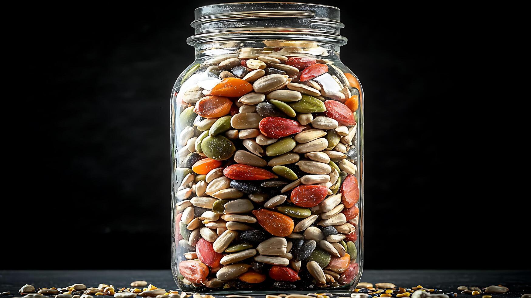 A Glass Jar Filled with a Colorful Mix of Seeds. A close up image showcasing the vibrant hues and textures of various seeds. photo