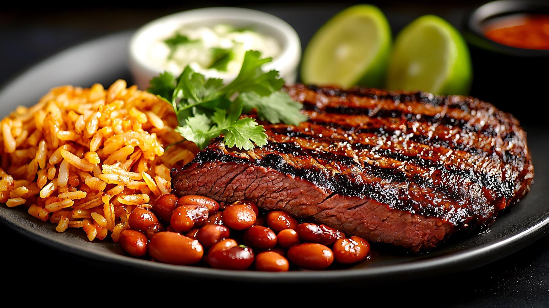 Grilled Steak Dinner with Rice, Beans, and Lime Wedges. A close up shot of a delicious and savory meal. photo