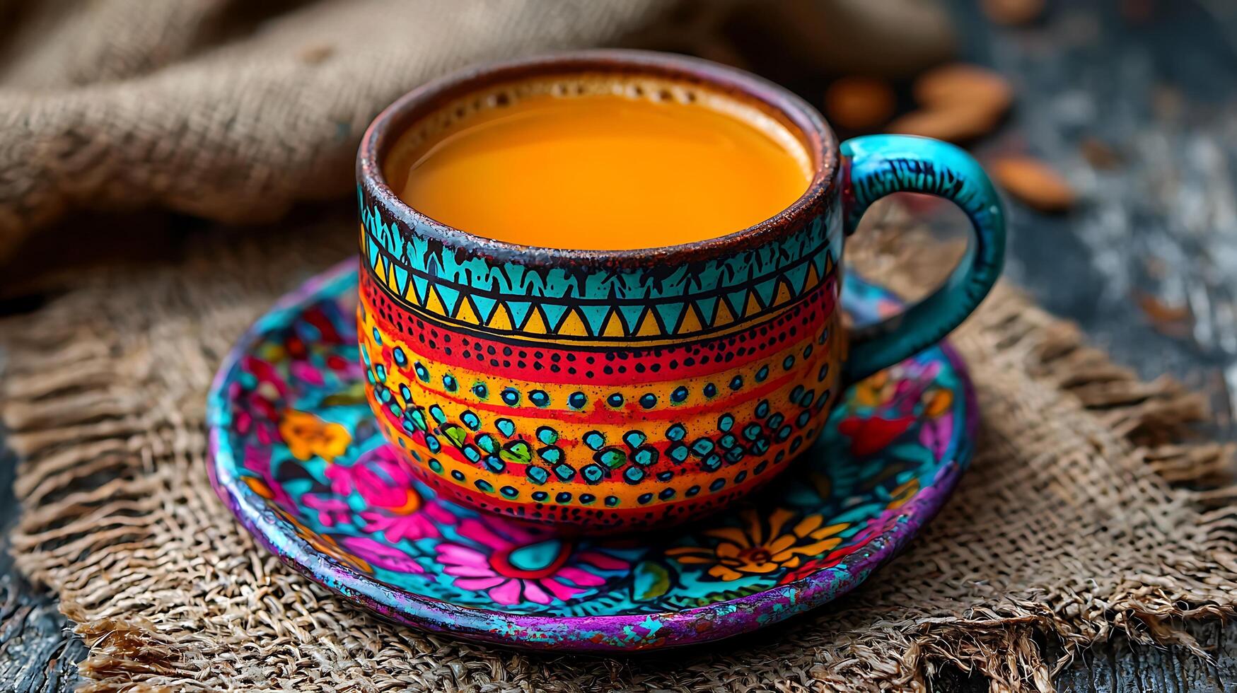 Close up of Vibrant Hand Painted Mug Filled with Golden Turmeric Drink. photo
