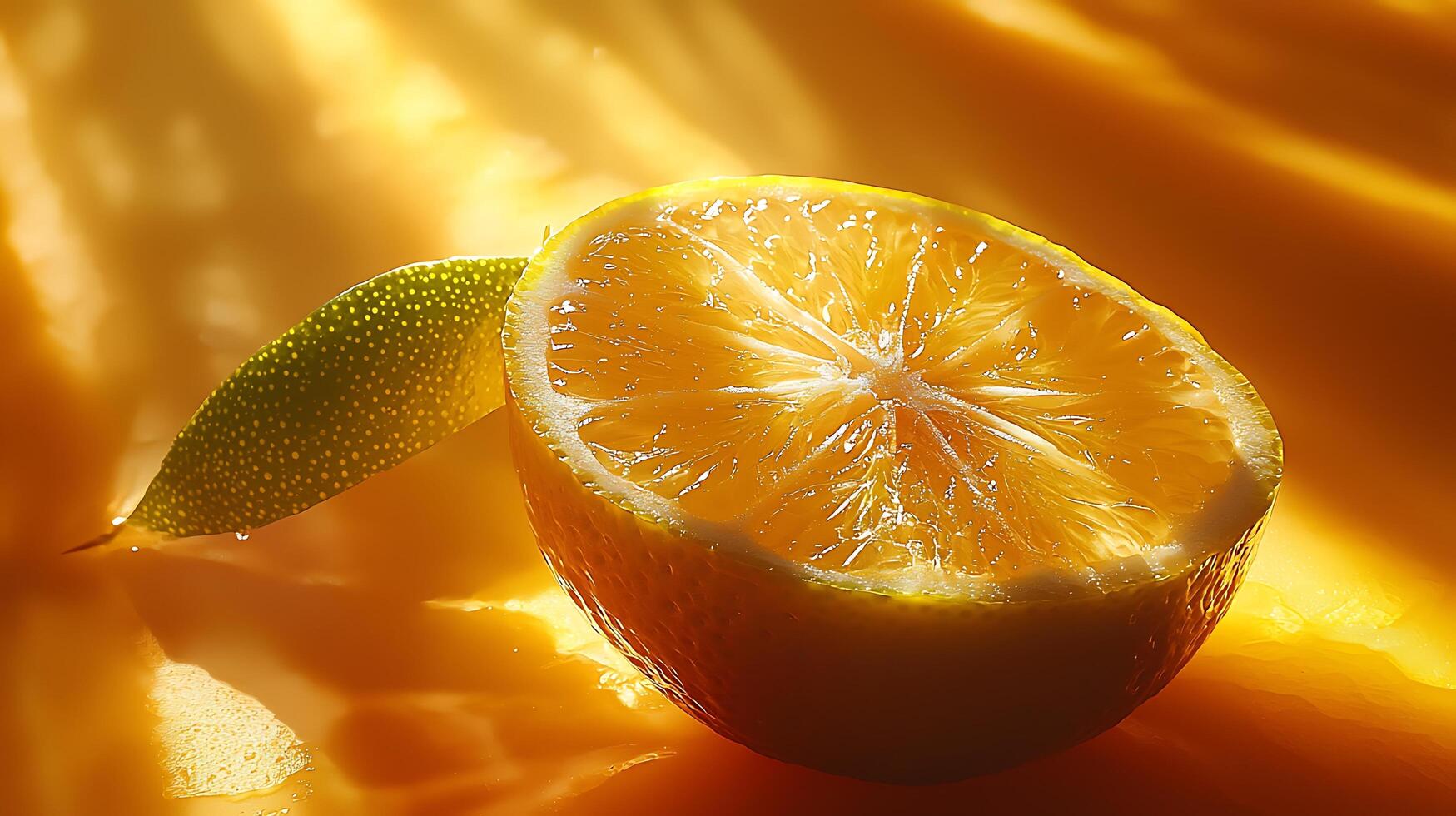 A Half Orange Illuminated by Golden Light, Close Up. A juicy citrus fruit with a leaf rests on a vibrant orange background. photo