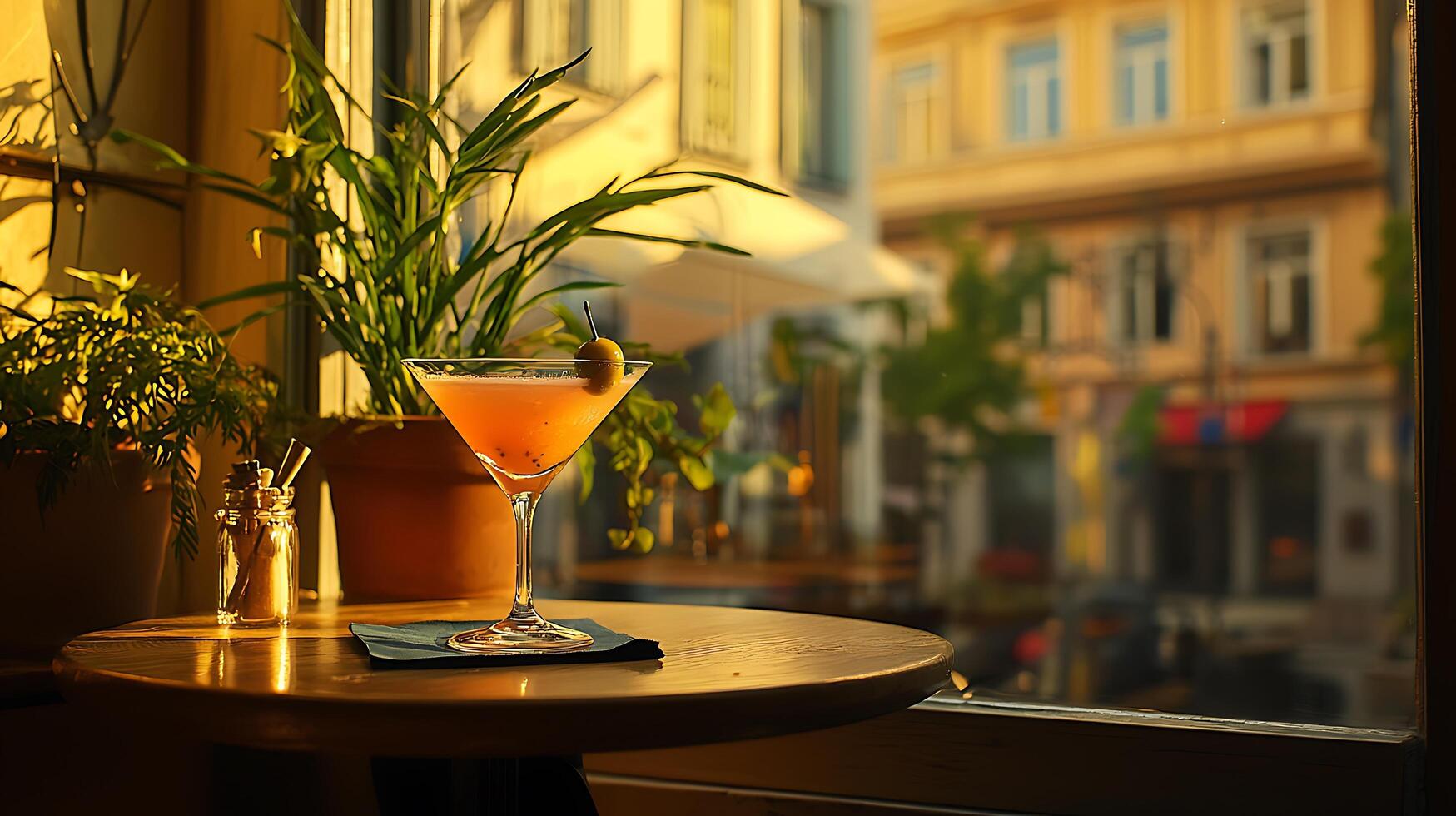 A Refreshing Cocktail Enjoyed by a Window with a City View at Sunset. photo