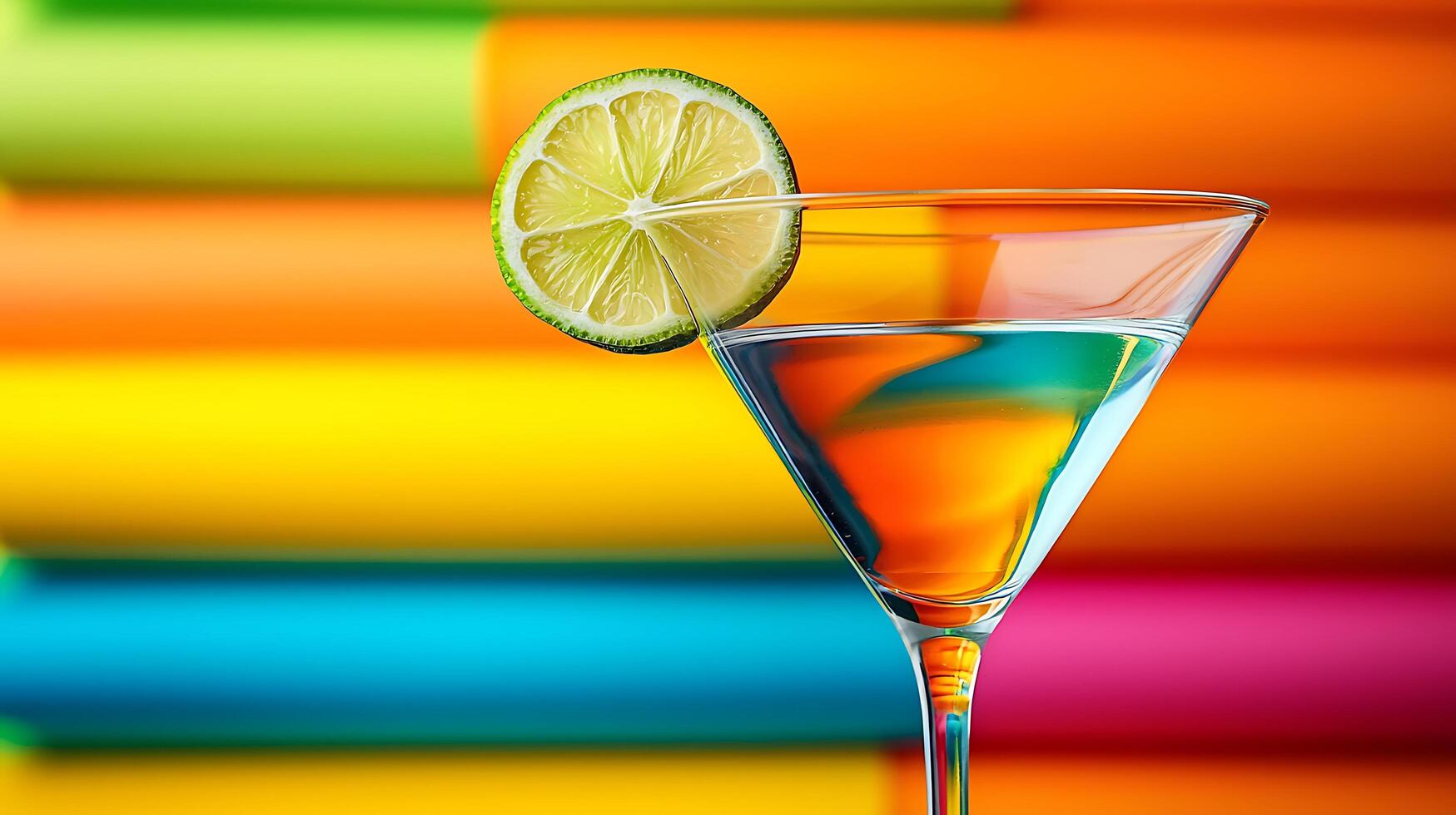 Colorful Cocktail in Martini Glass with Lime Garnish. A vibrant image perfect for representing summer drinks, parties, or celebrations. photo