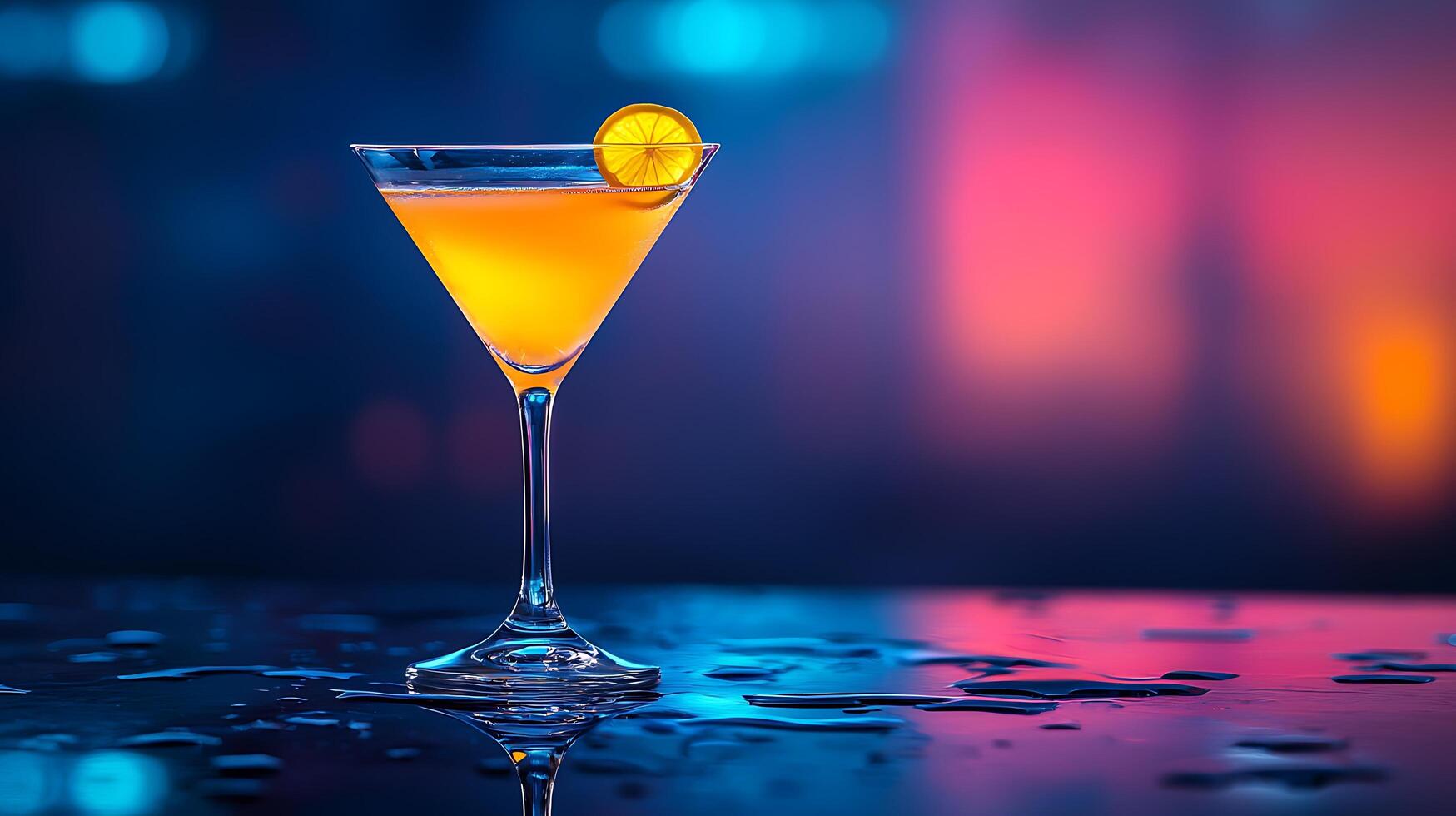A Refreshing Cocktail in a Martini Glass with a Lemon Twist, Illuminated by Vibrant Neon Lights. photo