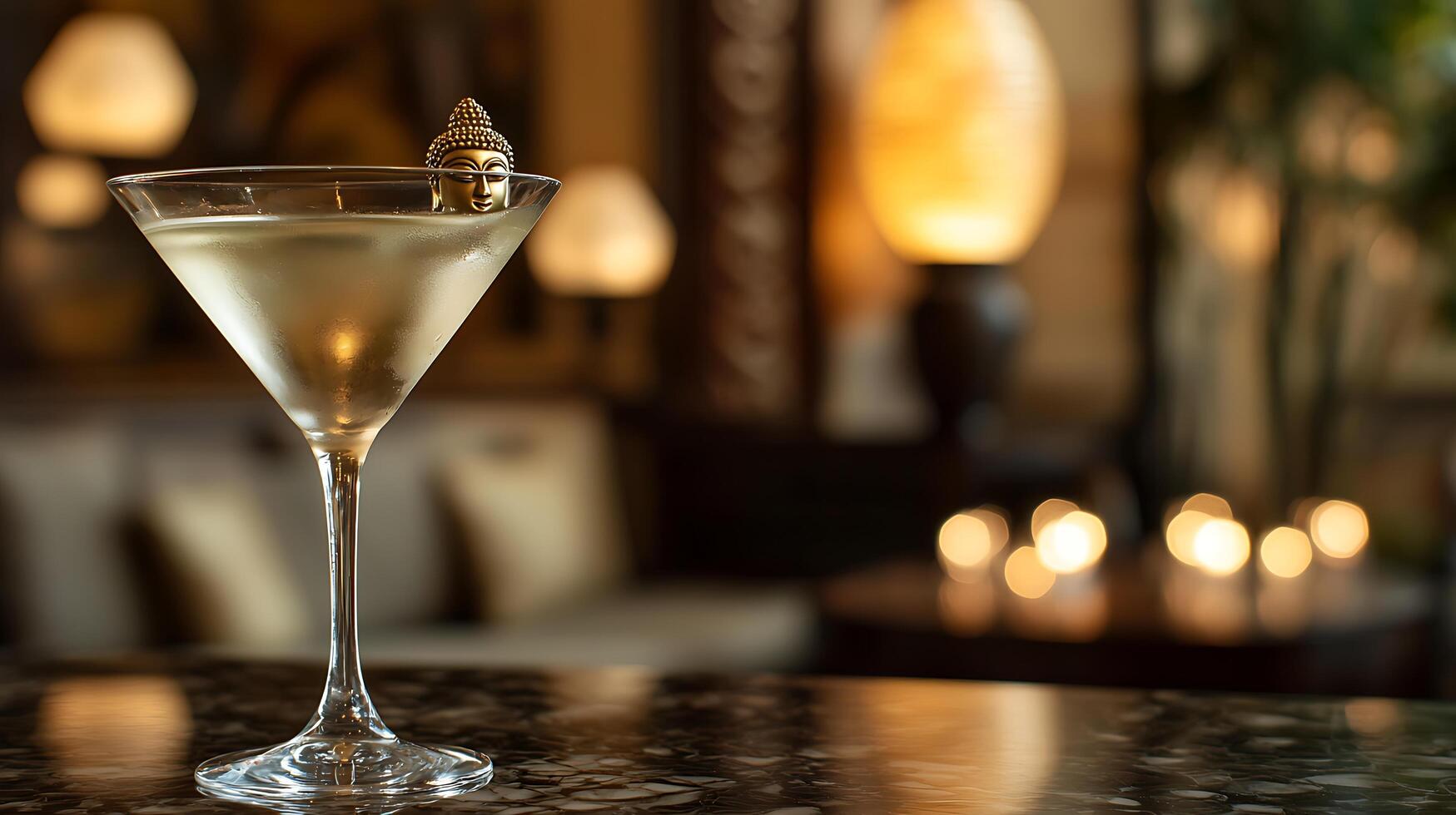 Close up of a Martini Cocktail with a Miniature Buddha Figurine. A sophisticated and tranquil image perfect for advertising or editorial use. photo