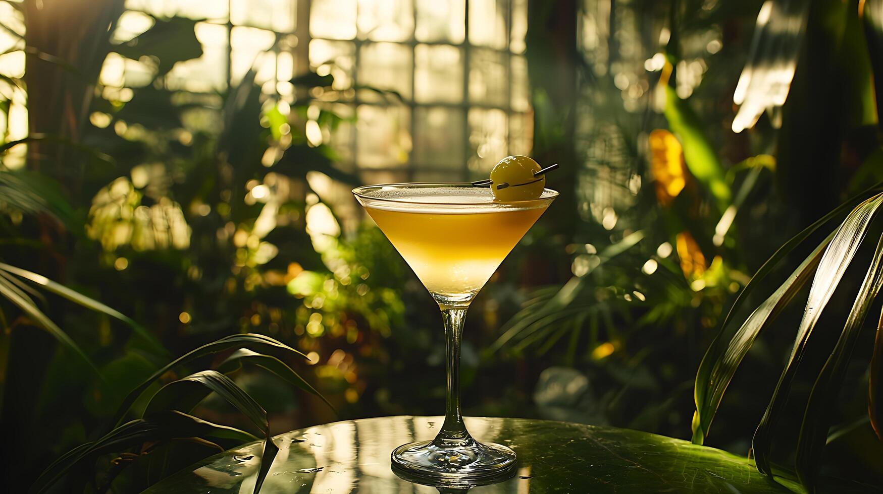 Refreshing Yellow Cocktail in a Tropical Garden Setting. A close up image of a vibrant yellow cocktail garnished with a lychee in a glass, beautifully set against a lush green backdrop. photo