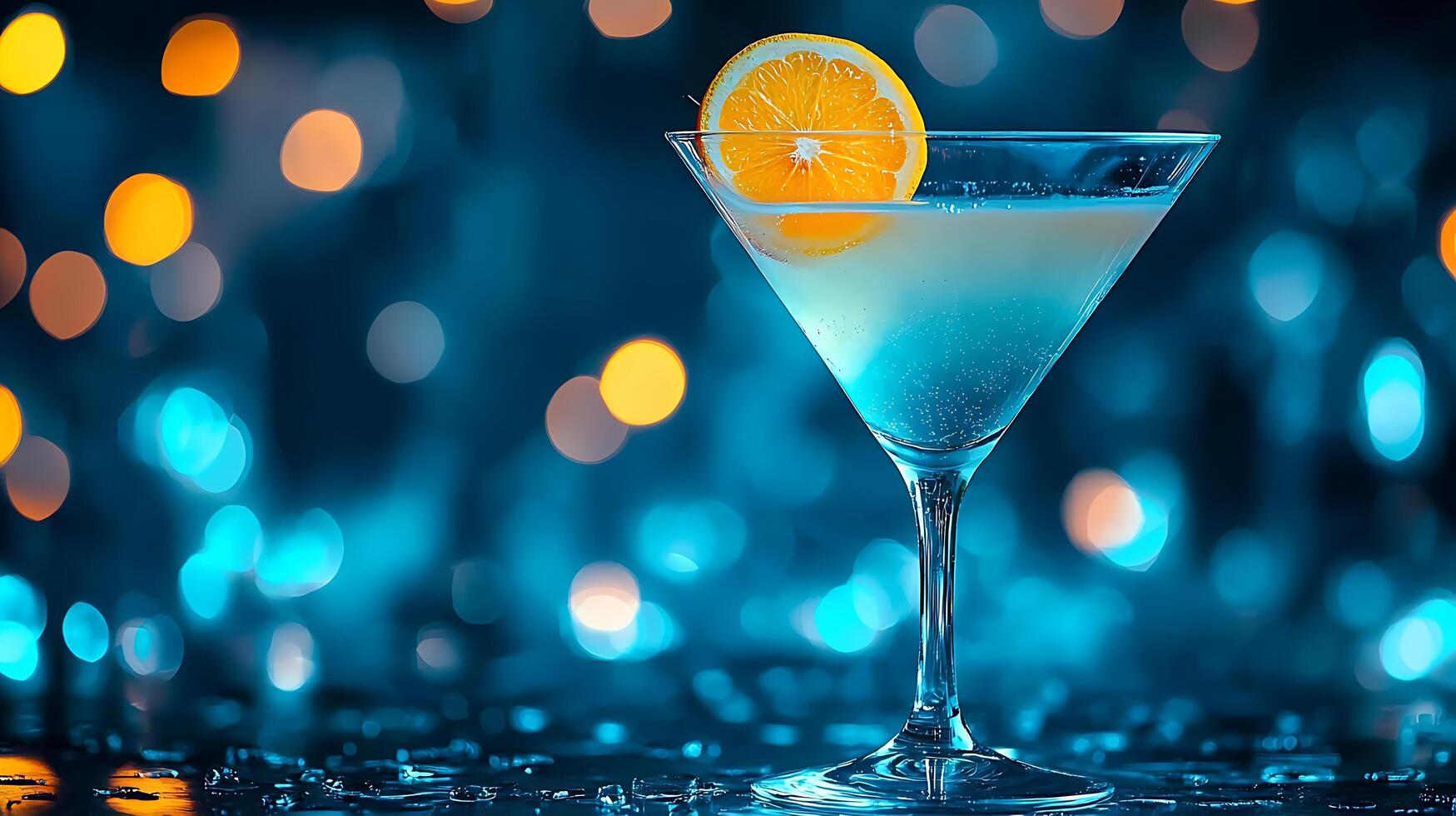 A Refreshing Cocktail in a Martini Glass with an Orange Slice Garnish, Illuminated by a Blue and Gold Bokeh Background. photo