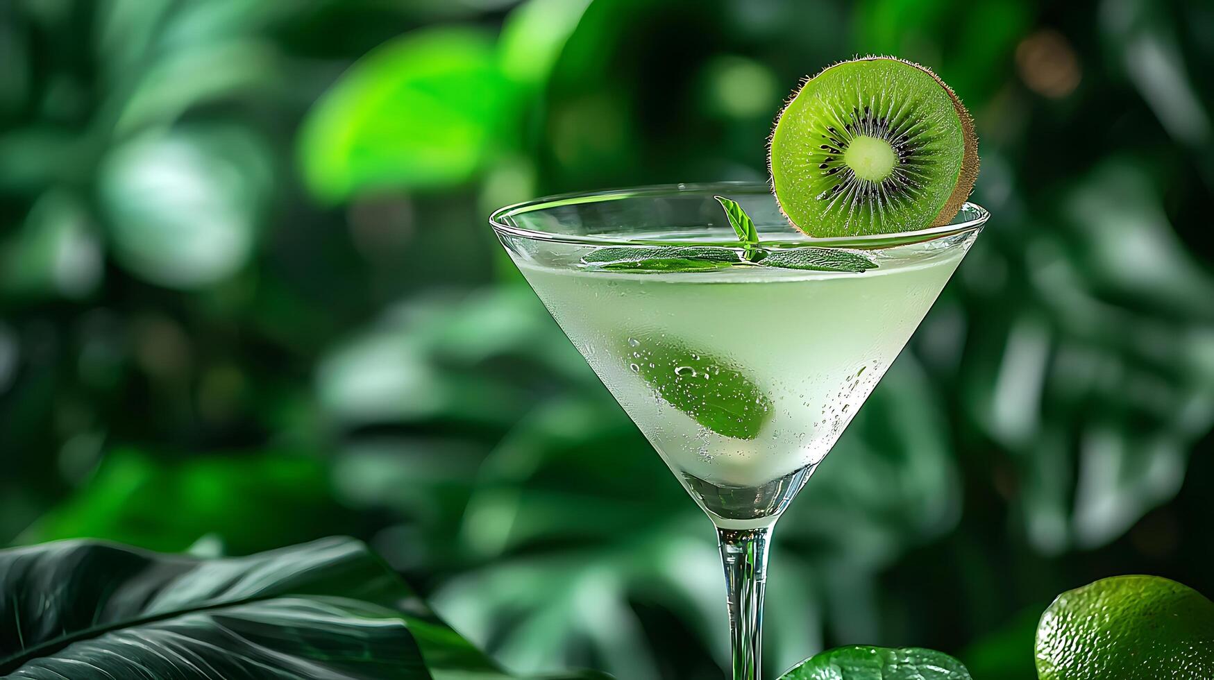 Refreshing Kiwi Cocktail in a Martini Glass against a Lush Green Background. A close up image perfect for beverage menus or advertising. photo