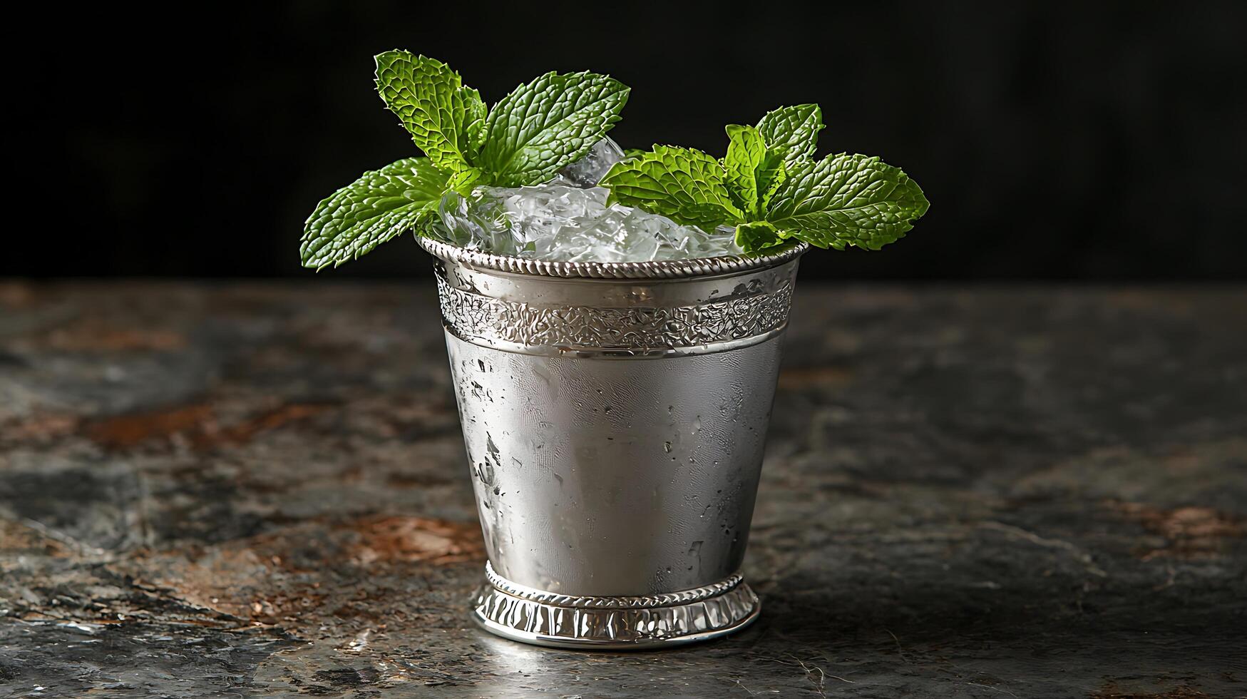 Refreshing Mint Julep Cocktail in a Silver Cup. A close up image of a classic mint julep garnished with fresh mint sprigs and ice. photo