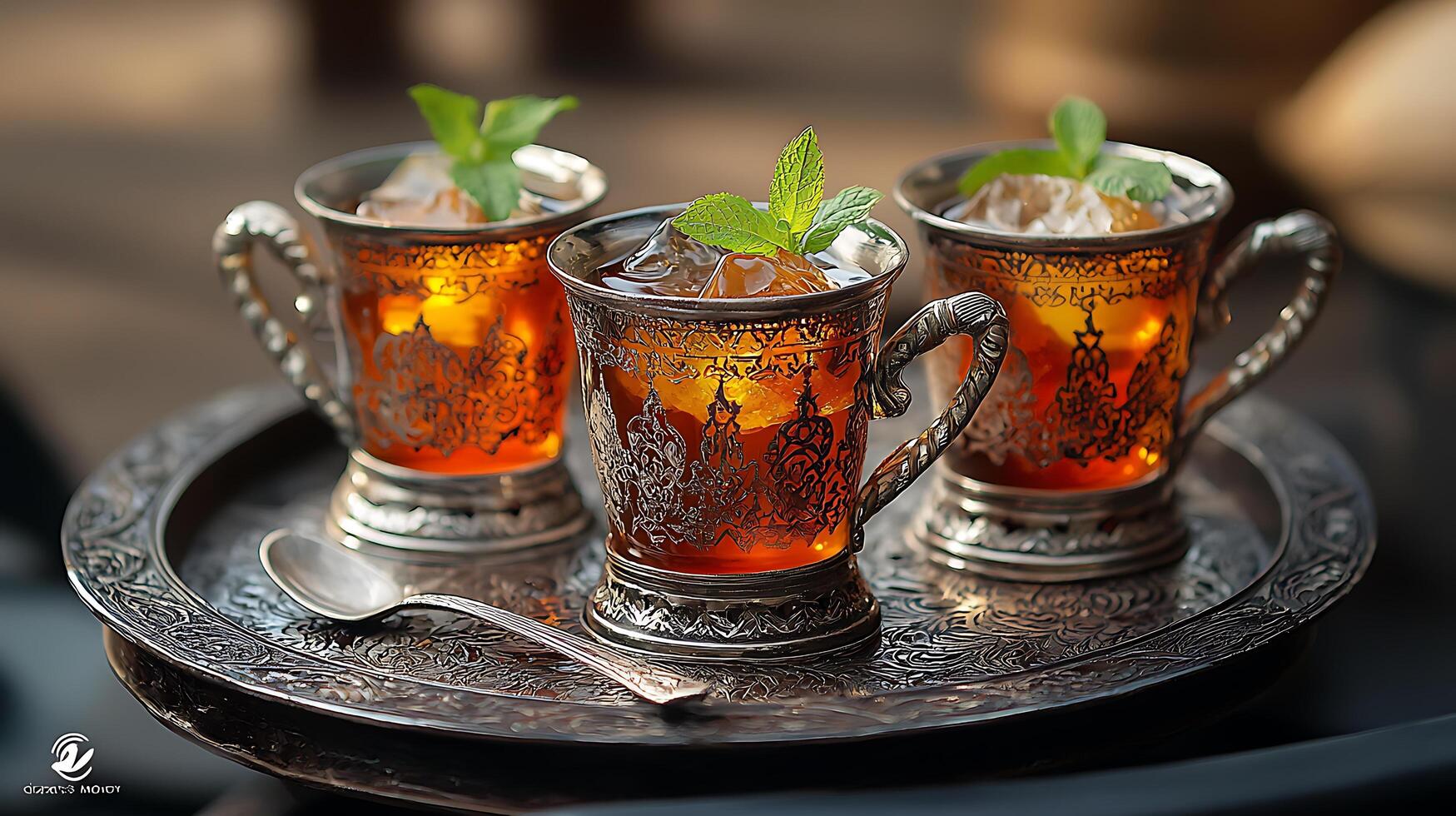 Three Cups of Iced Mint Tea on an Ornate Silver Tray. A close up of a refreshing beverage served in elegant glassware. photo