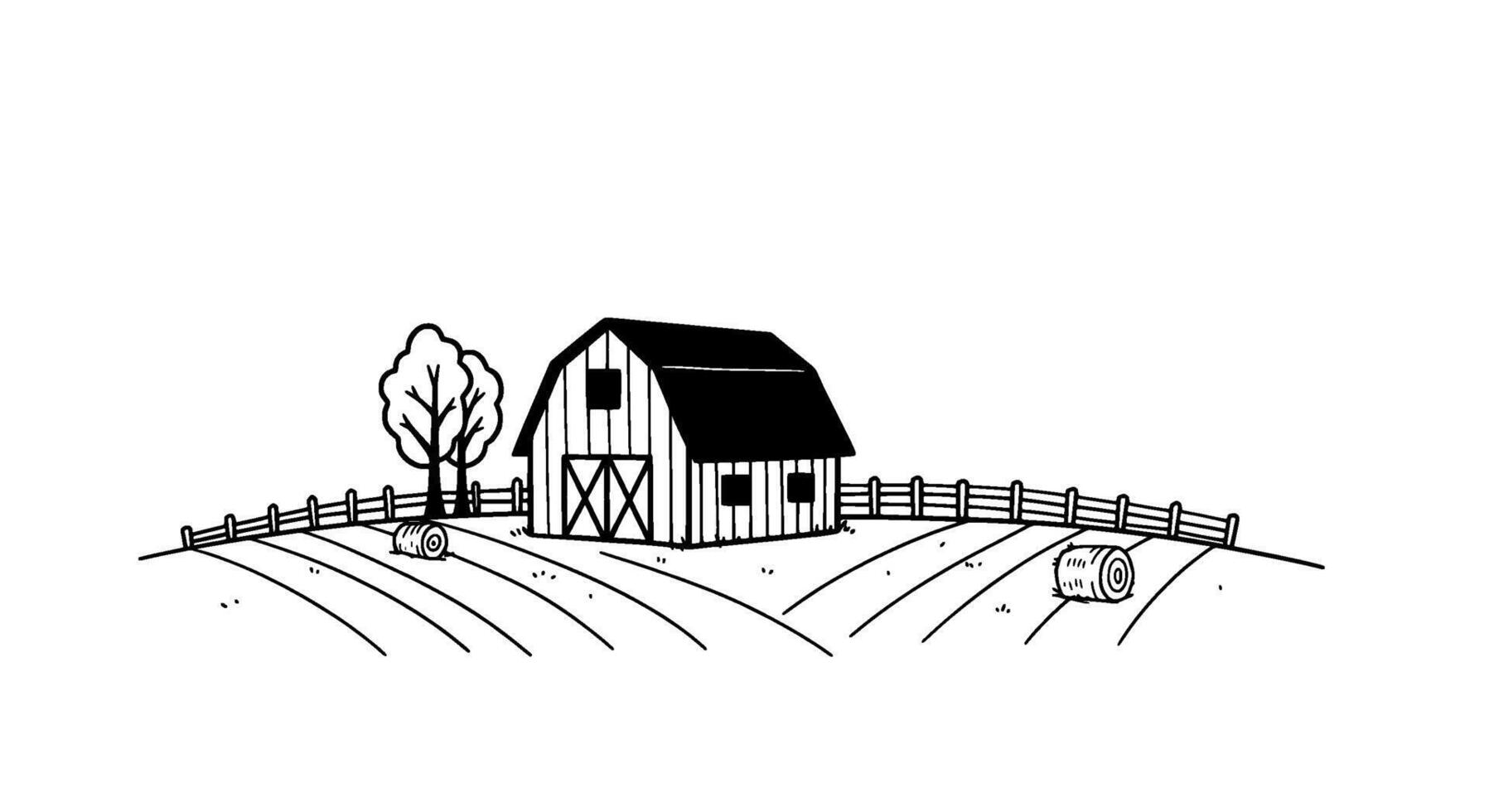 Farm Barn, Trees, Hay Bales, Rolling Hills vector
