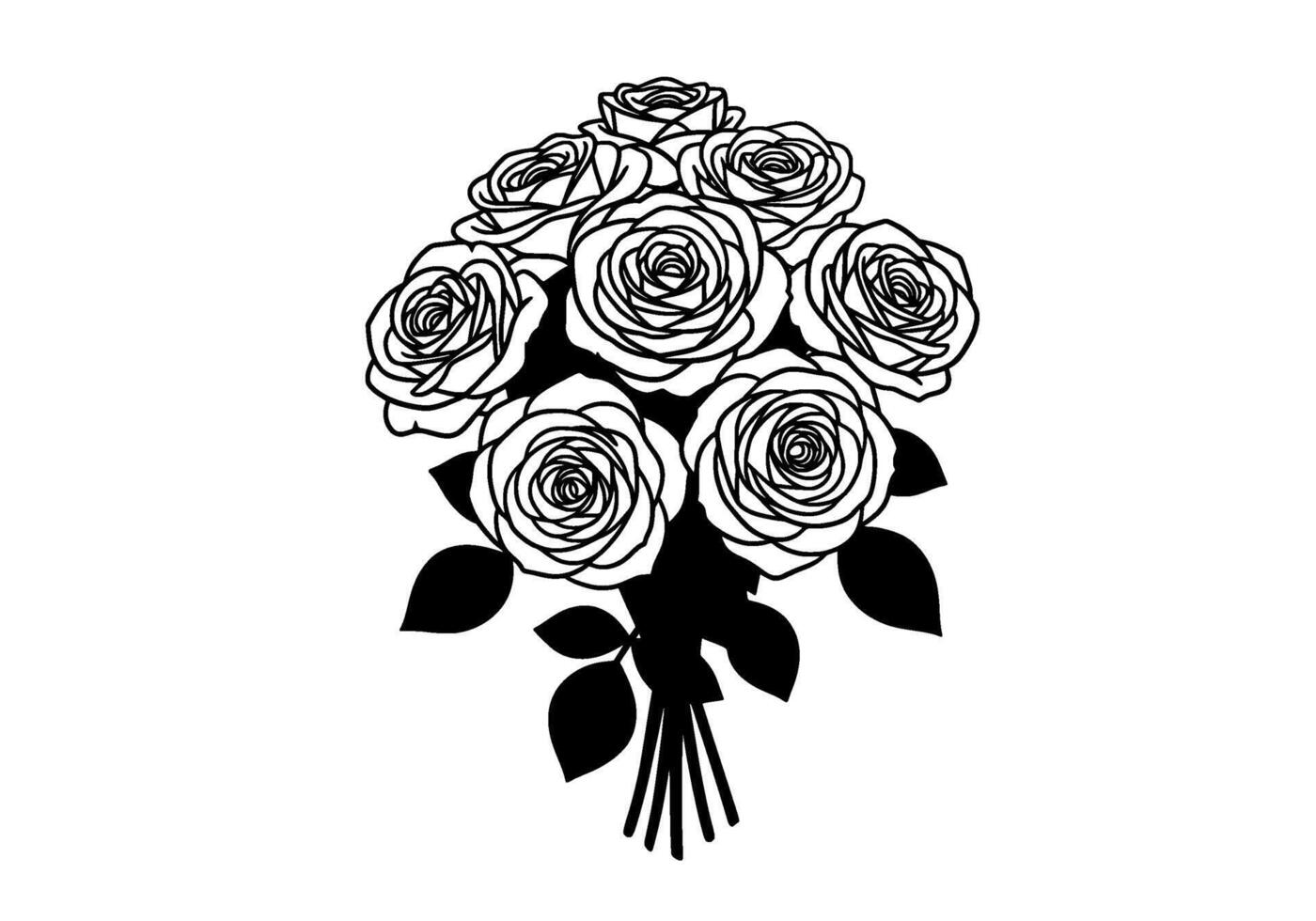 Seven Rose Bouquet Black and White Line Art vector