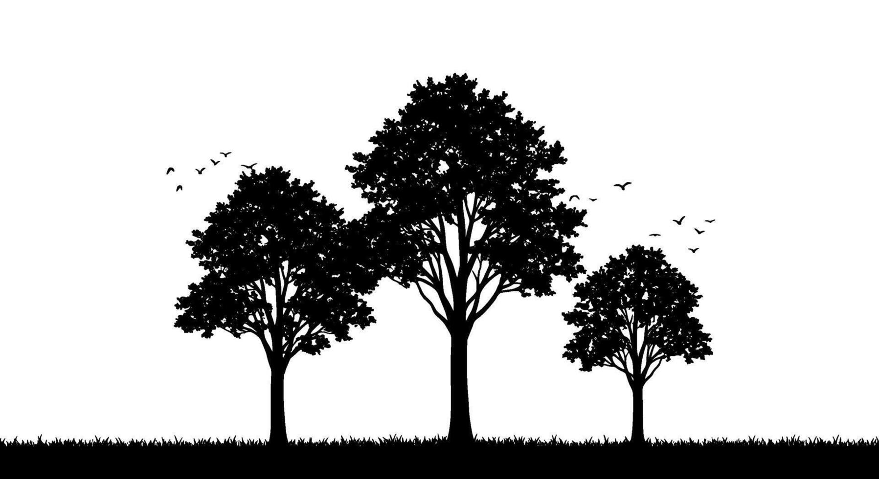 Three Silhouetted Trees and Flying Birds vector