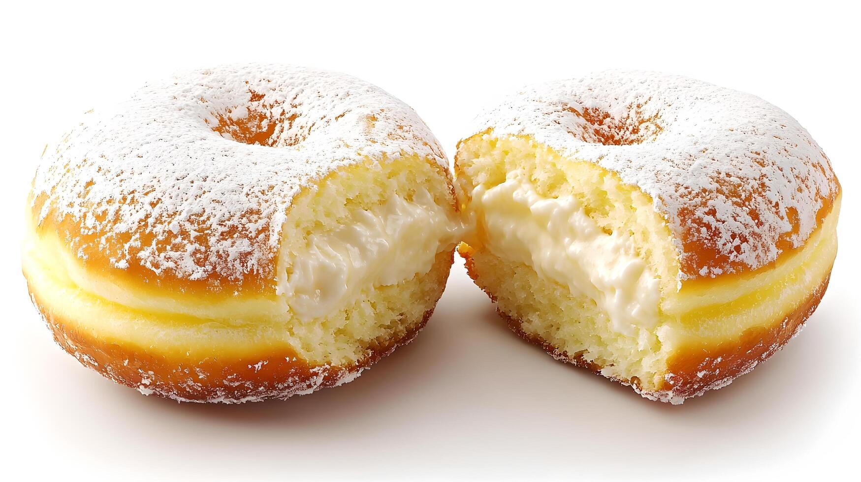 Cream Filled Donut Halves with Powdered Sugar on White Background photo