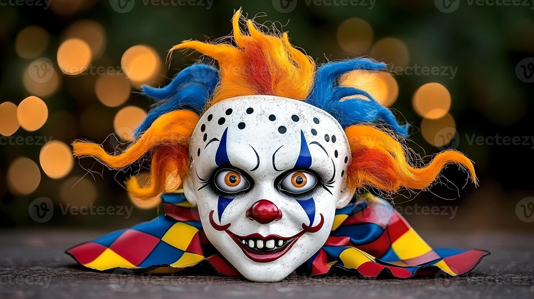 Creepy Clown Mask with Glowing Eyes and Bokeh Lights photo