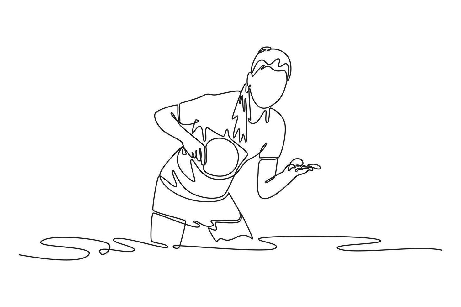 Single continuous line drawing serious woman table tennis player ready to serve the ball. Beauty athlete training her skills and techniques on indoor court. One line graphic design illustration vector