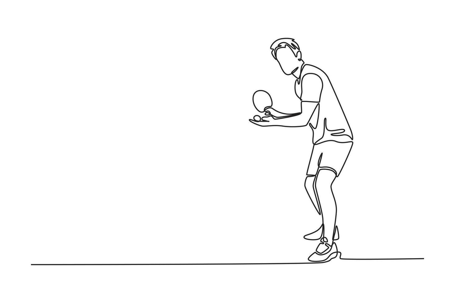 Single one line drawing male table tennis player standing for serving the ball and starting game. Sportsman training his skills and techniques. Continuous line draw design graphic illustration vector