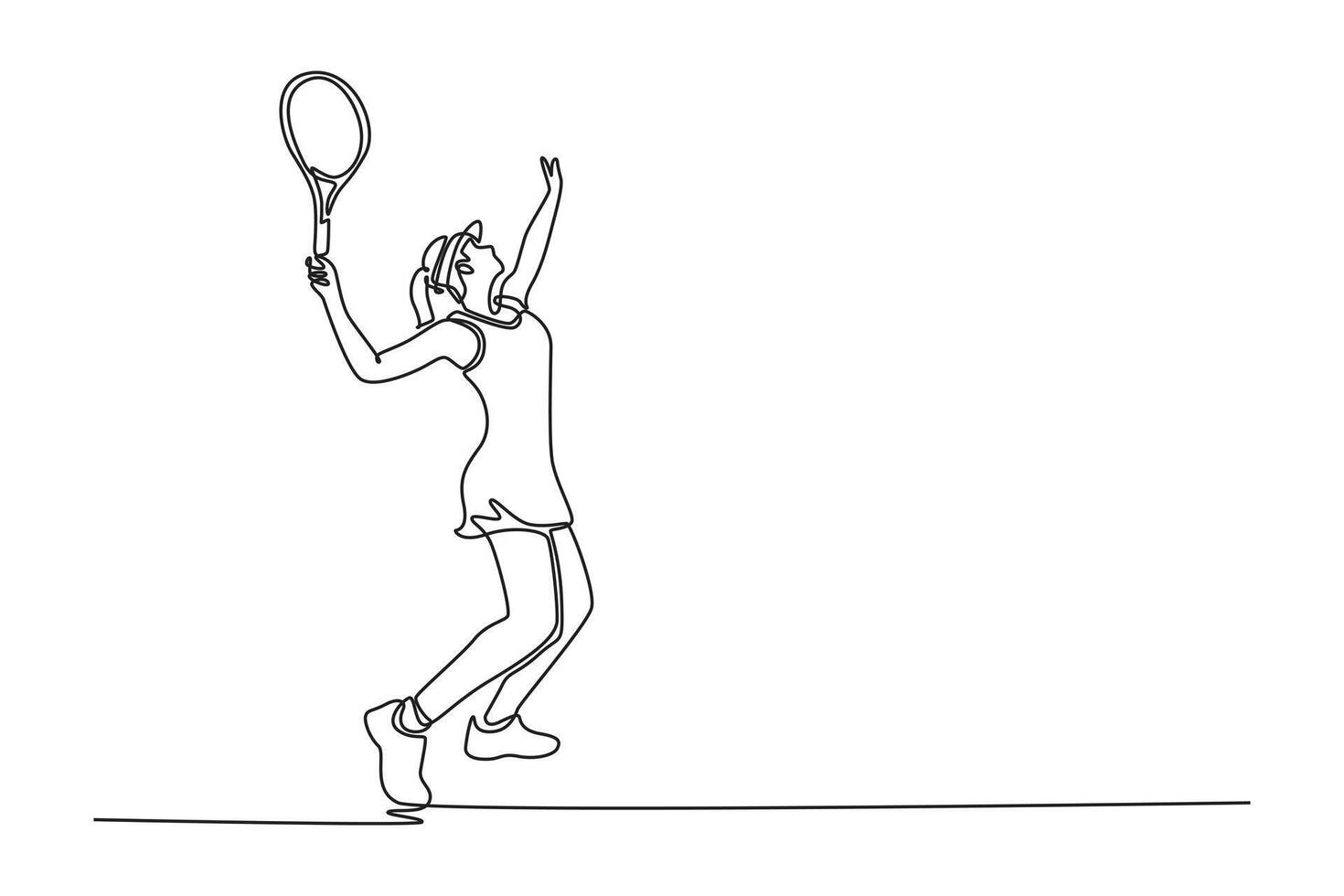 Single continuous line drawing back view of beautiful woman tennis player serves tennis ball on court with precision and power. Healthy sport activity. One line draw graphic design illustration vector