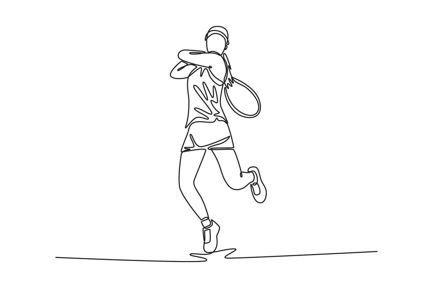 Single continuous line drawing professional woman tennis player hitting the ball with precision and power. She practicing her skills and techniques on court. One line draw design illustration vector
